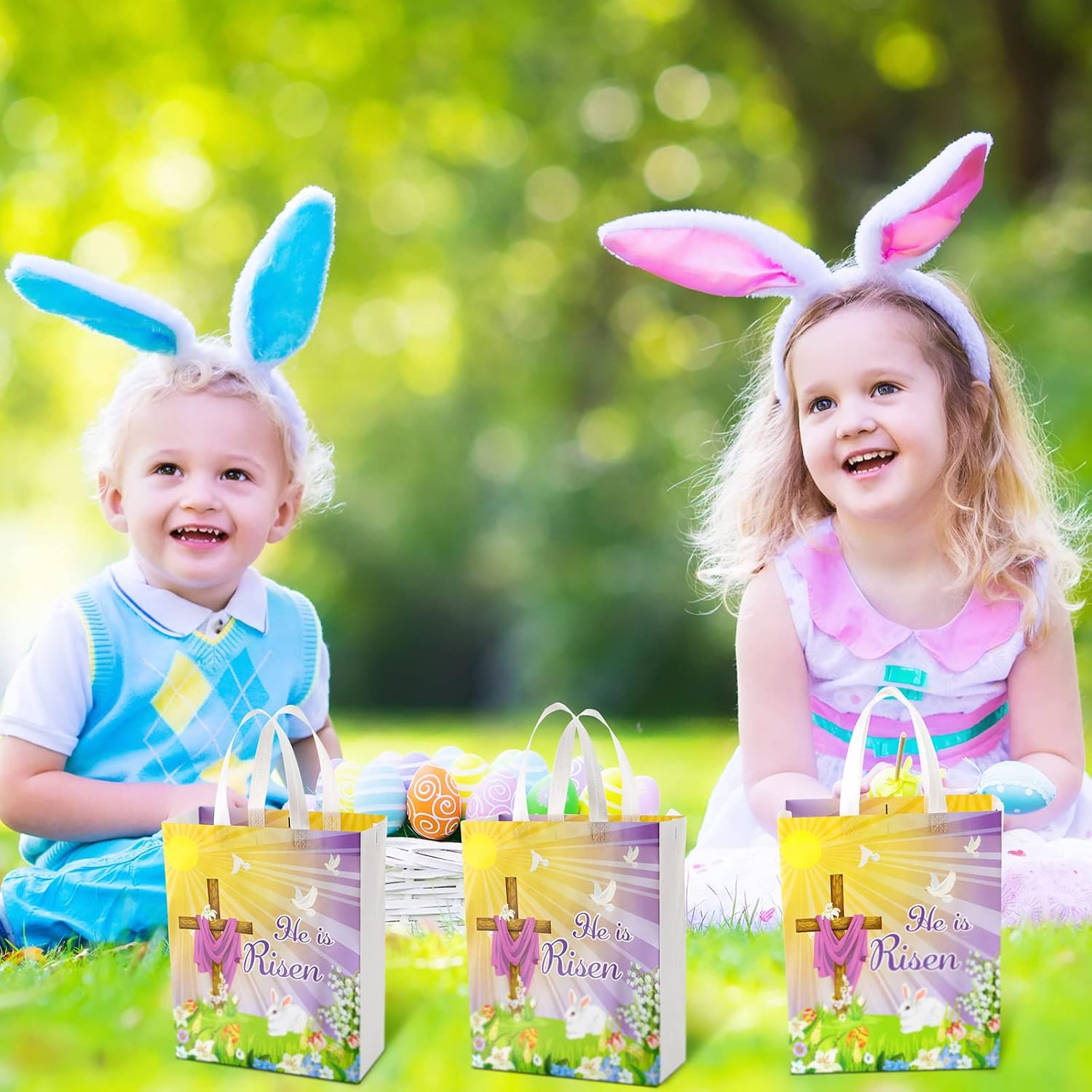 Hillban 50 Pcs Easter He Is Risen Large Gift Bags Non Woven Jesus Treat Candy Goodie Bags with Double Handles Christian Favor Cross Bunny Religious Tote for Spring Easter Holiday Party Supplies