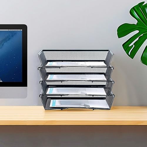 Miniatura 2 de SETTFRFE Organizador de escritorio de malla metálica de 4 niveles, bandejas apilables para suministros de oficina, sistema de almacenamiento de
