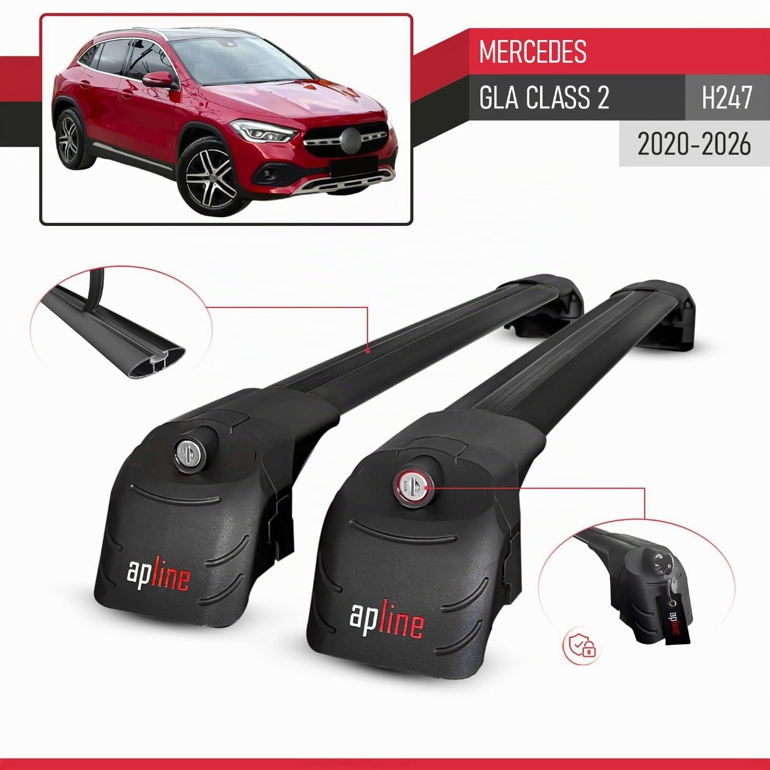 Compatibile con Mercedes GLA Class 2 (H247) 2020-2026 Modello ACE-2 Barre Tetto Portapacchi Auto Barre Portatutto Nero Alluminio 2 Barre