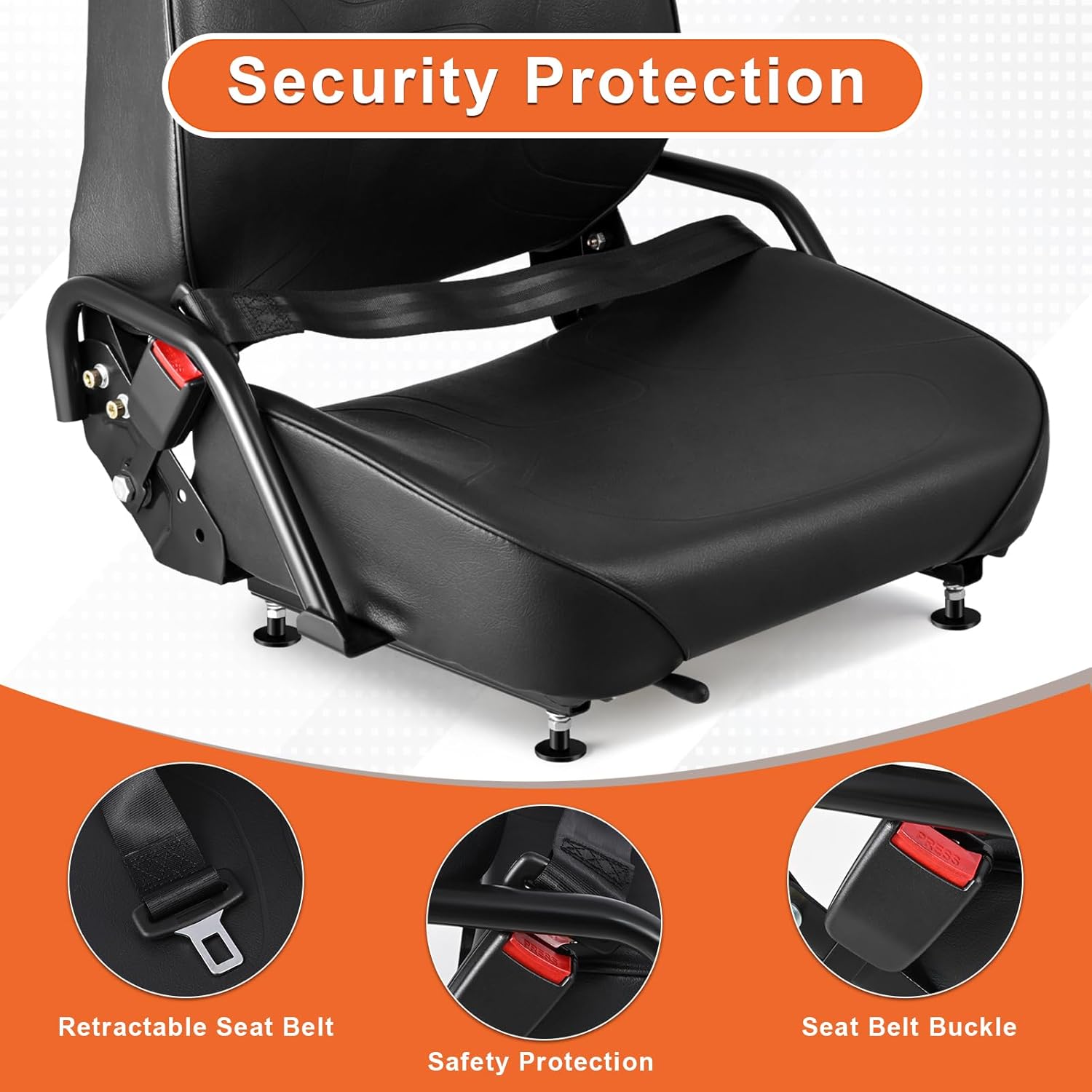 Universal Forklift Seat with Retractable Safety Belt, Curved Back, Fits Go-kart, Forklift, Tractor, Excavator, Skid Steer, Dozer and More(Black) (Seat back without headrest, Universal)