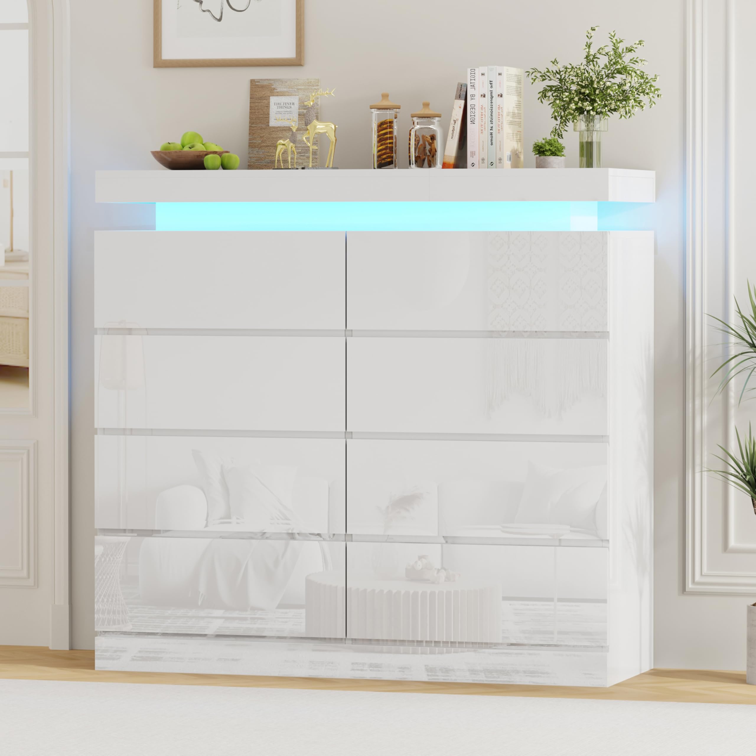 BSTSEL White High Gloss Chest of Drawers, 6/8 Drawers Chest, Large Storage Space for Living Room and Bedroom Bedside Table Cabinet with 16 Colours RGB Lights (White 8 Drawers Cabinet) — image 1