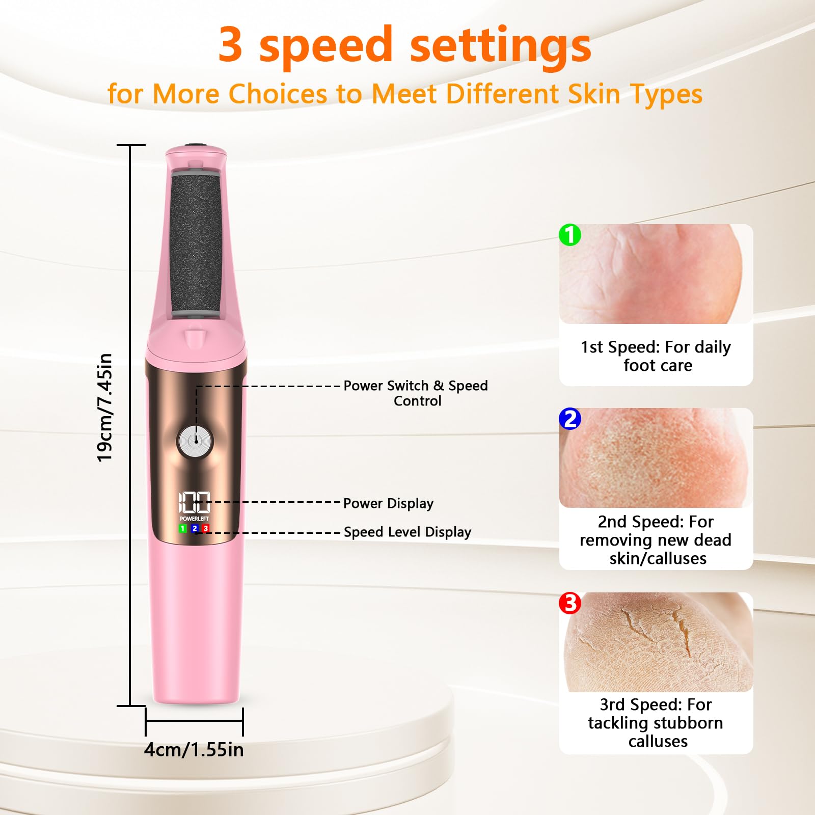 PKBD Lima Eléctrica Pies Pedicura Eléctrica Profesional, Herramientas de Cuidado de Pies y Kits de Accesorios, 3 Velocidades, Impermeable, Larga Vida de la Batería, Lijado Profesional Foot File,Rosa