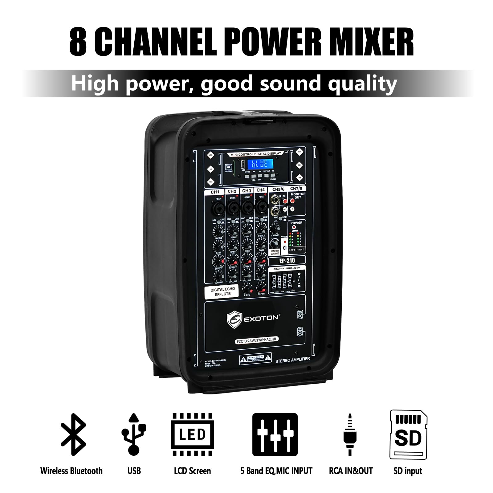 EXOTON 10inch PA System with 8-Channel Mixer,Portable 600W Bluetooth Speakers,USB/SD/FM/5-band EQ, Includes 2 Speaker Stands/Mic/48V Phantom Power,for Indoor&Outdoor