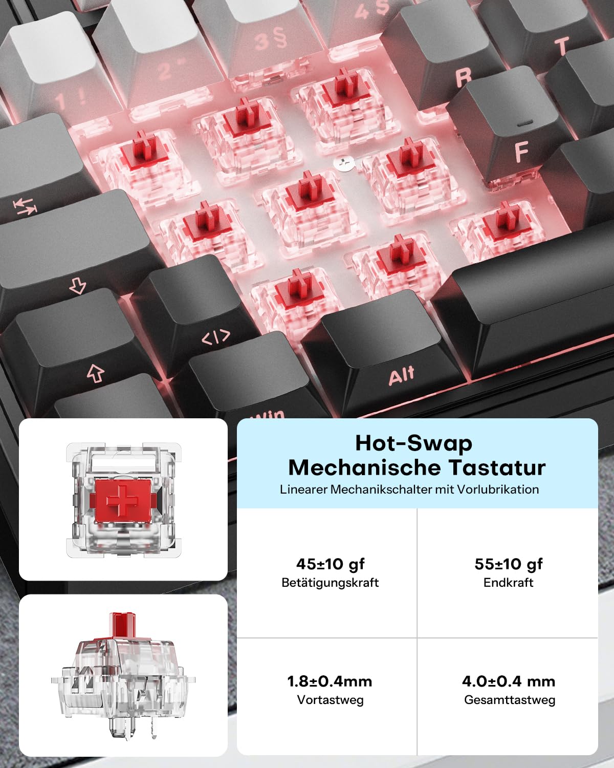 OMOTON 75% Mechanische Gaming Tastatur Kabellos, ISO QWERTZ, BT/USB-C/2,4GHz, Hot-Swap, QMK VIA Custom, 4000mAh Akku, RGB & Fünfschichtige Polsterung Struktur, MK212 Keyboard für Büro & Gaming