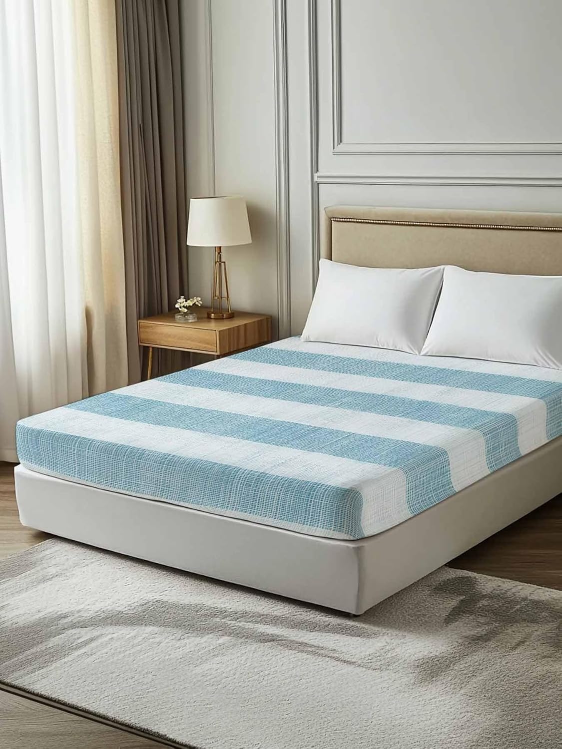 Top Sheet Full Bedding Flat Sheet Only, Retro Linen Stripes Microfiber Bed Sheets Soft Breathable Bedding Flat Sheets, Country Blue Hotel Luxury Top Sheets