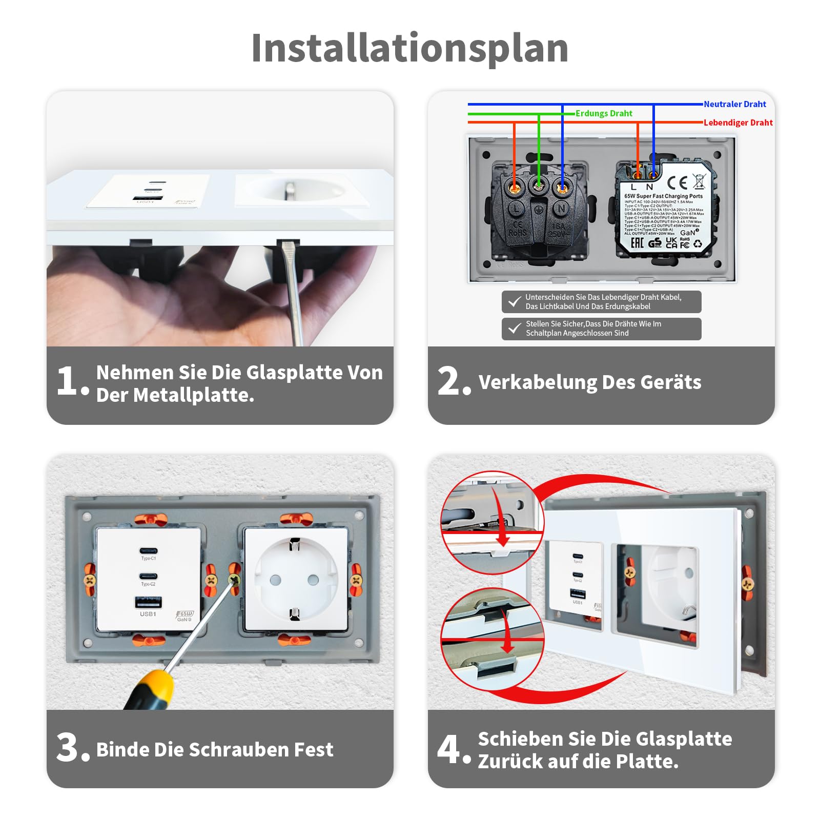 LIAONFOY 65 W Super Charge avec prise Super Fast Charging Trois ports USB C Combinaison 2 prises Prise murale Cadre en verre Double Blanc 157 mm 100-240 V (ligne neutre nécessaire)
