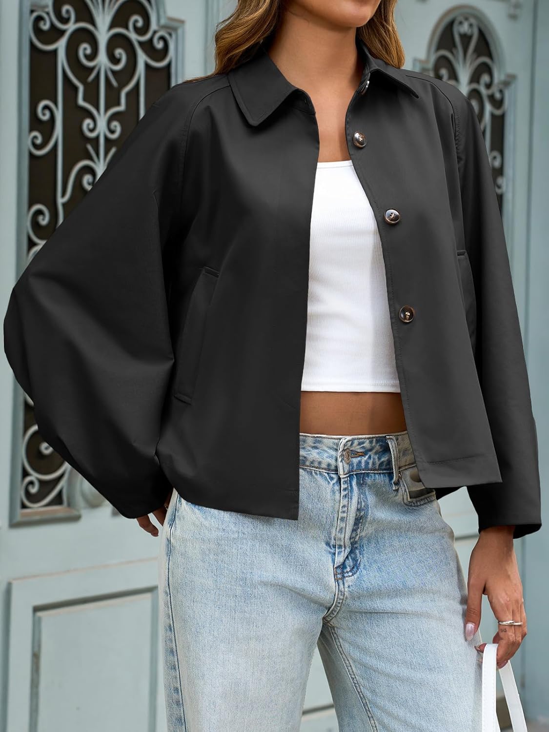Cicy Bell Womens Cropped Jacket Lightweight Batwing Sleeve Trendy Casual Short Trench Coats Button Up Outerwear - Image 2