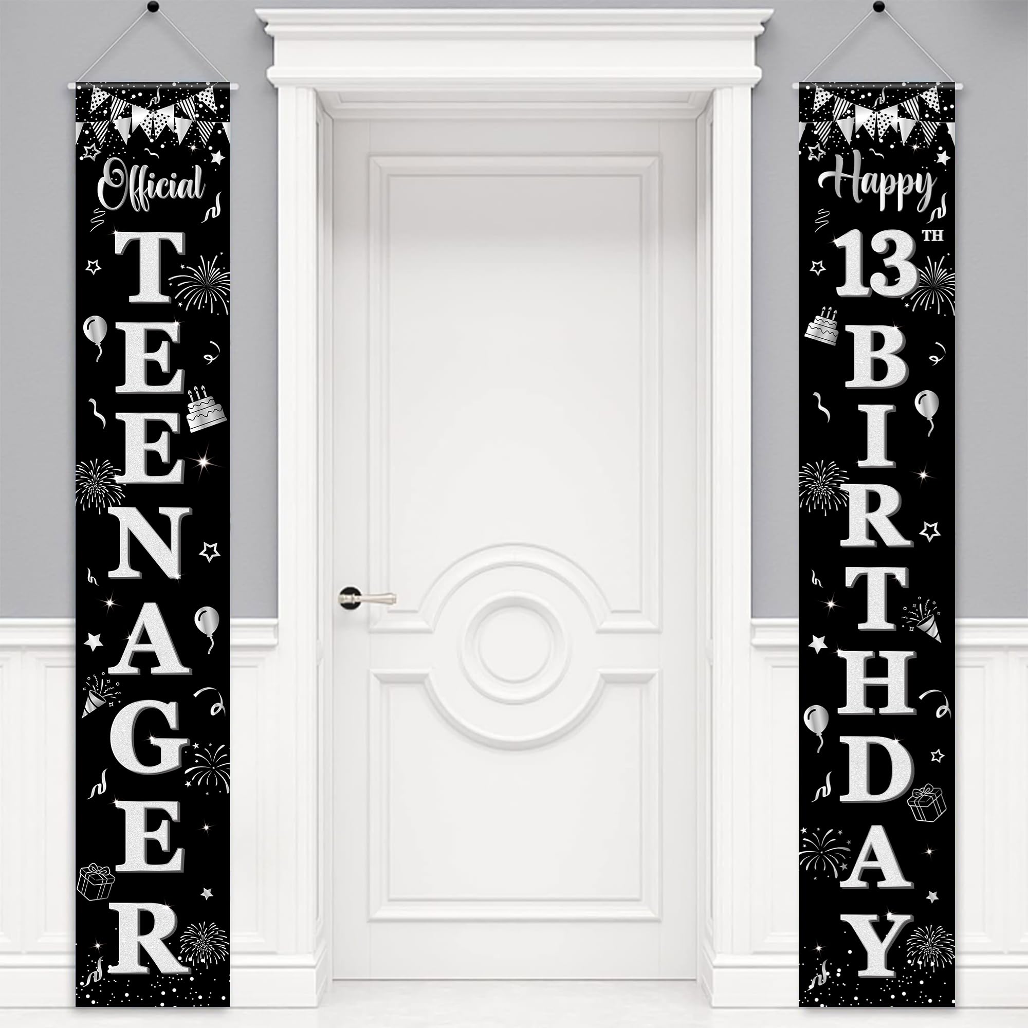 13th Birthday Decorations Banner Boy - 2 Pcs Black Silver Door Banner Official TEENAGER and Happy 13th BIRTHDAY Hanging banners Set for Boys Teenager Party Supplies, 180 x 30 cm