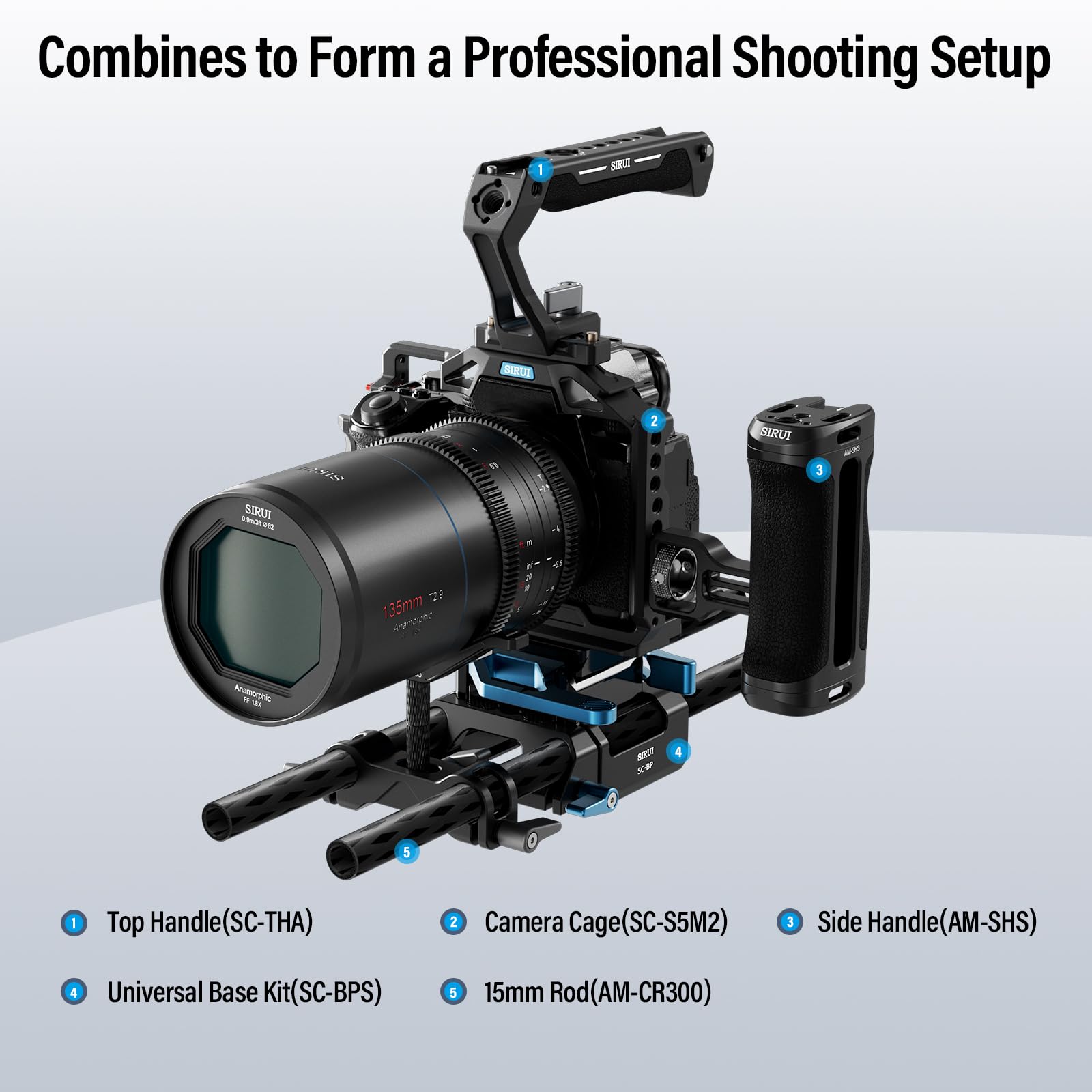 SIRUI AM-LB35 Support universel pour objectif d'appareil photo, rail de 15 mm, support pour téléobjectif long avec réglage vertical et horizontal, 3 tiges d'extension pour appareil photo reflex