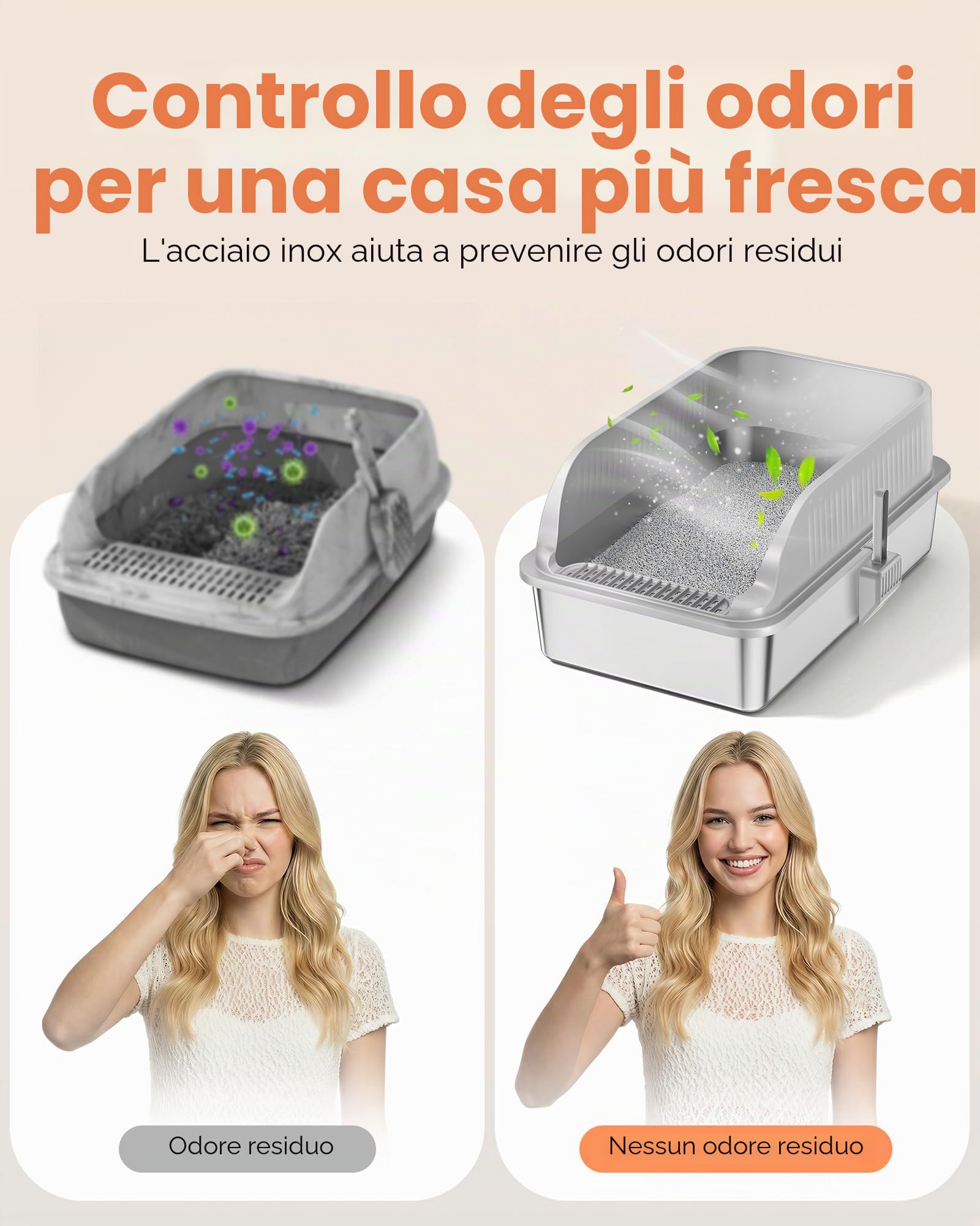 Lettiera Gatto Acciaio Inox, Lettiera per Gatti con Paletta, Toilette per Gatti Grande XXL, Sabbiera Alta Rimovibili, Antiodore, Facile da Pulire, Antiaderente e Spaziosa, Grigio Chiaro