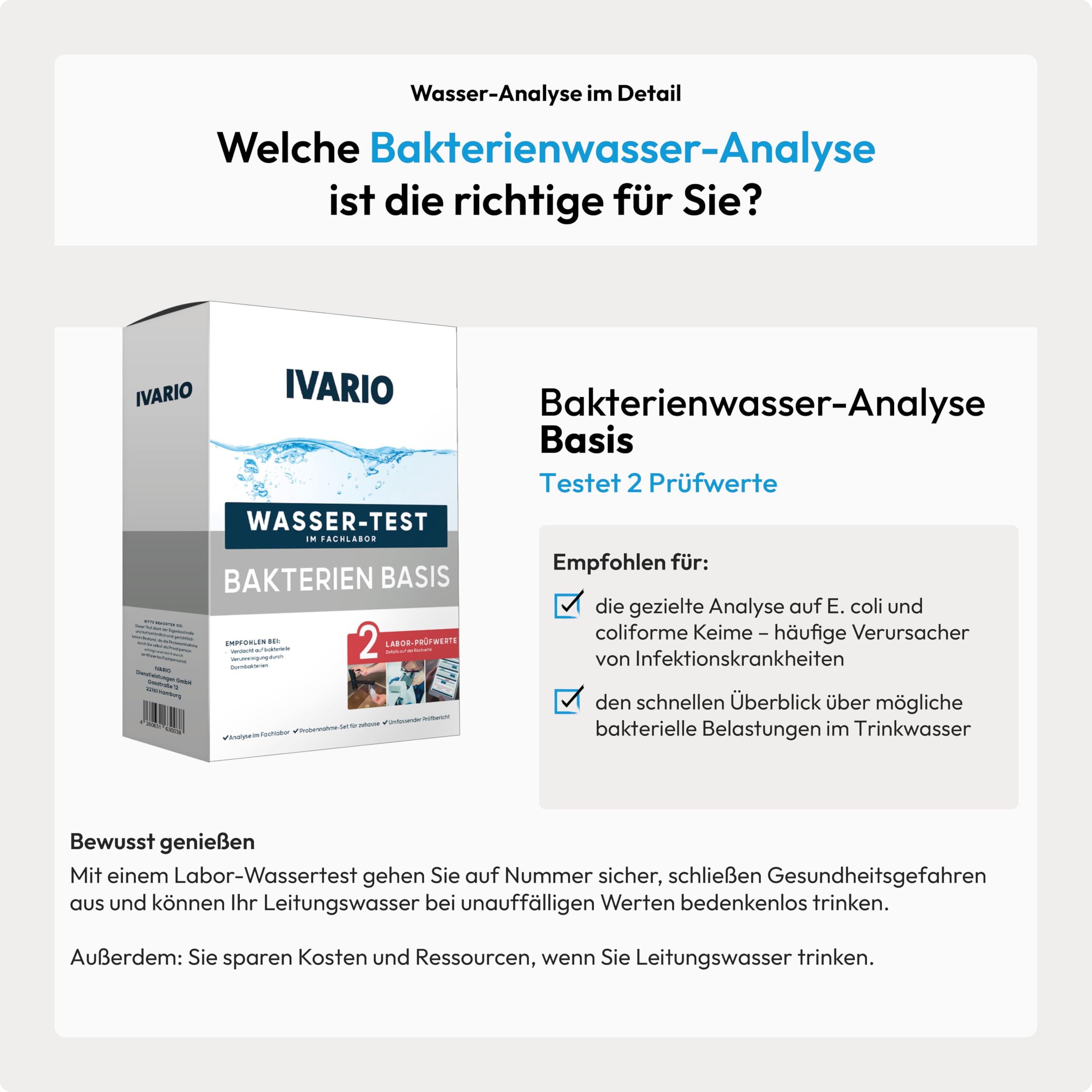 IVARIO Bakterien Basis Labor-Wassertest für Trinkwasser/Leitungswasser | Experten-Analyse im akkreditierten Deutschen Fachlabor/kostenlose Beratung/Einfache Probenahme