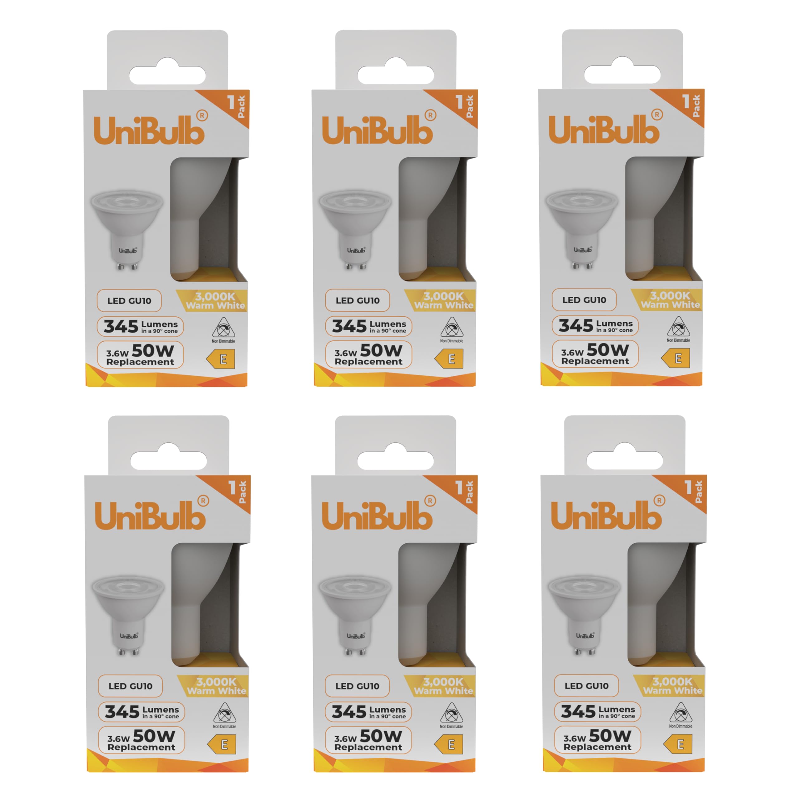 Unibulb GU10 LED Bulb Warm White, 3.6W LED Spotlight/Downlight/Ceiling Light Bulb, 345 Lumens, 3000K, Replaces 50W Halogen, 25,000hr Life, Non-Dimmable (6)
