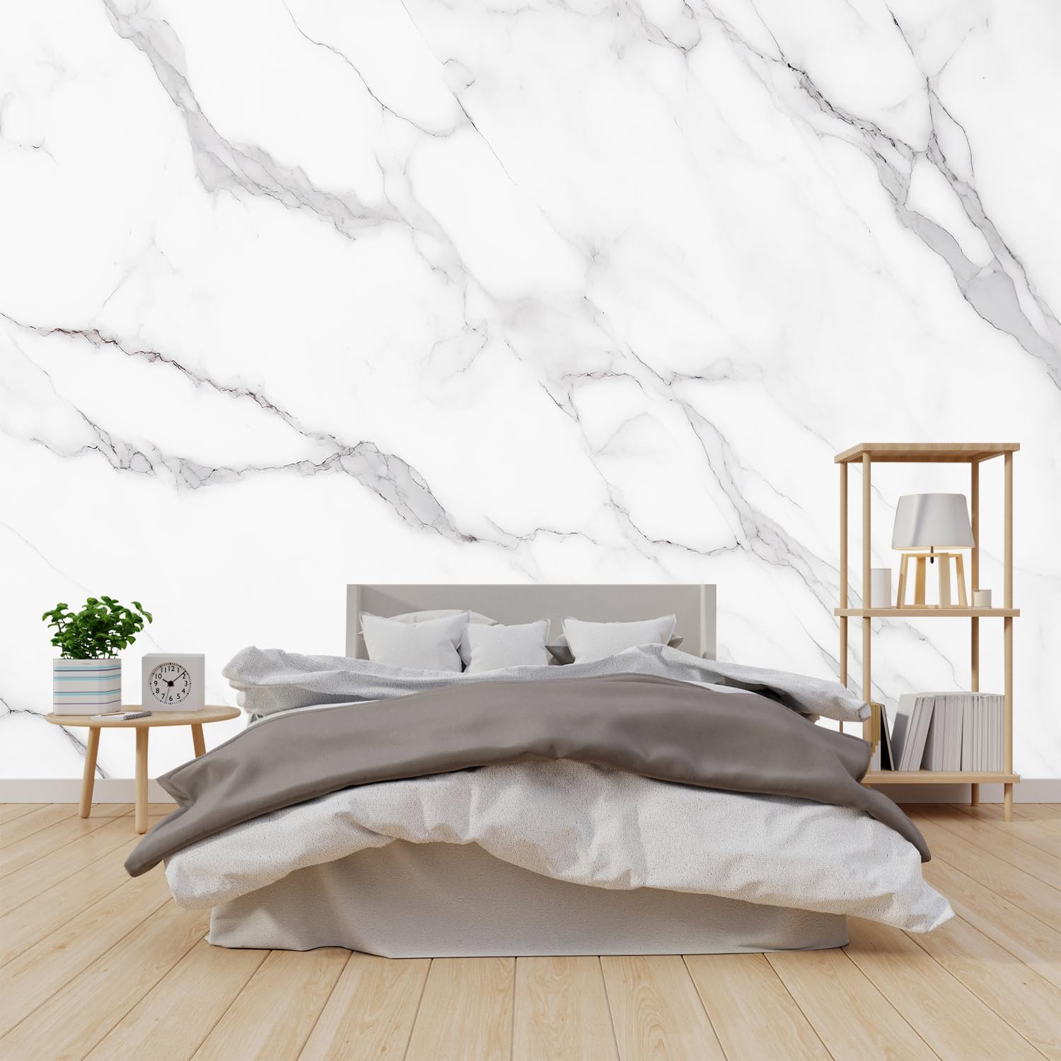 Elegant Marble Mural and Light-Colored Striped Bedroom Wallpaper (Self-Adhesive) - 85"x118"