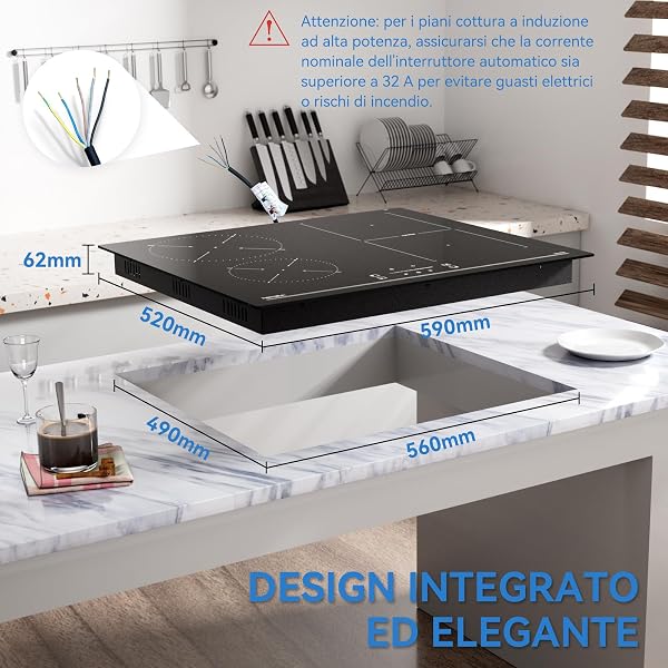 Hermitlux Piano Cottura Induzione, Piano Induzione Flex Zone 4 Fuochi da Incasso con 9 Livelli di Potenza, Funzione Booster, Blocco Bambini, Timer, 60 cm, 7400W - 2