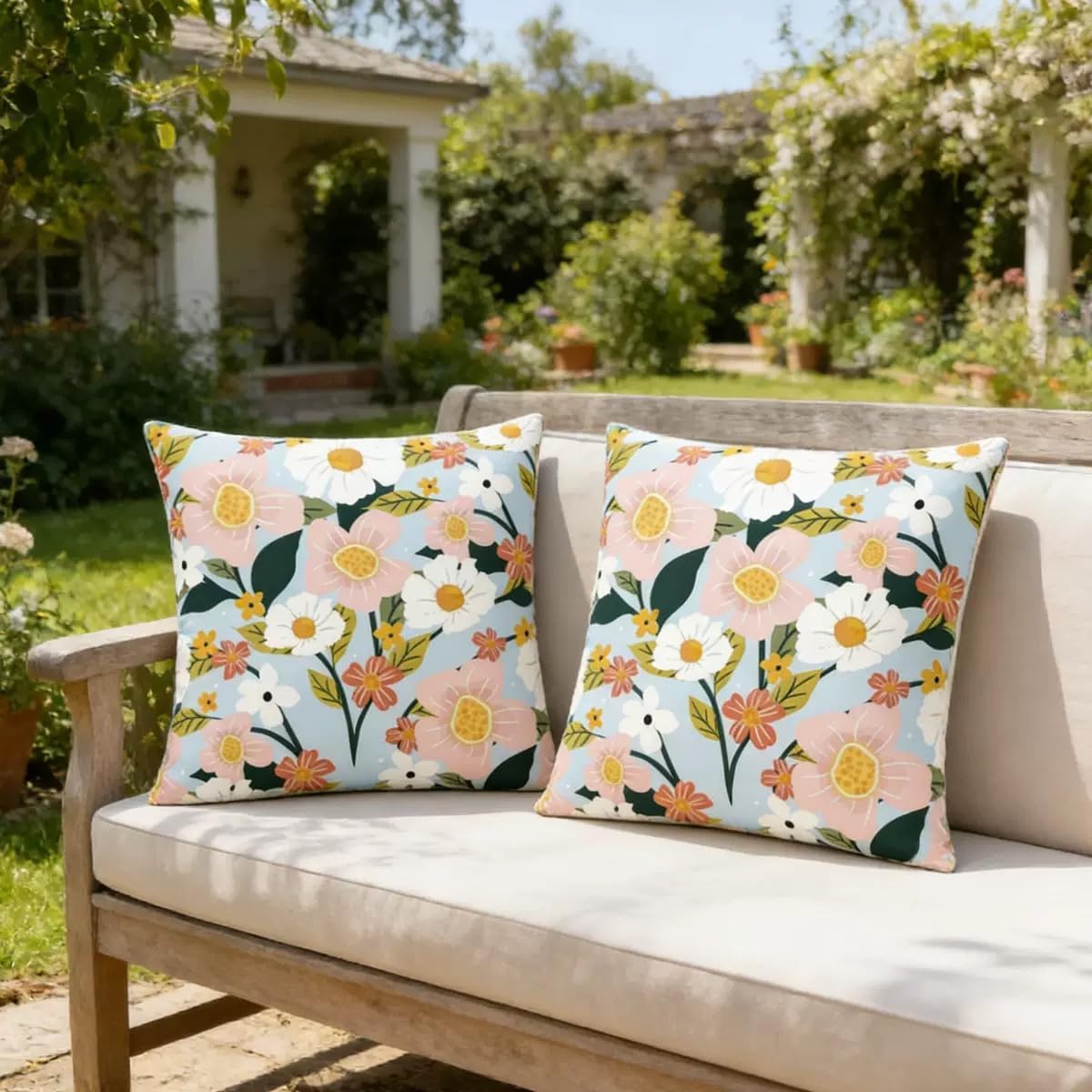 Floral Outdoor Throw Pillow Covers, Decorative Garden Cushions with Daisy Print, Light Blue and Pink, Set of 2 (Orange Vintage Full Floral, 18 x 18)