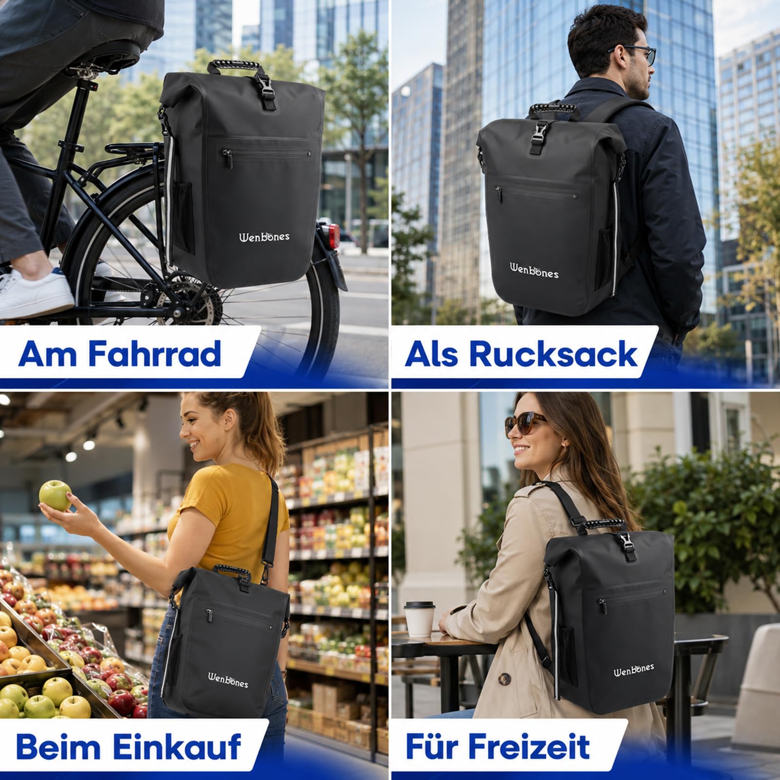 3in1 Fahrradtasche, 25L, wasserdicht, mit Laptopfach | Gepolsterte Träger, Schnellverschluss, Seitentaschen, Robuste Nähte, für Pendler, Radler, Studenten, Alltag, Beruf, Reisen