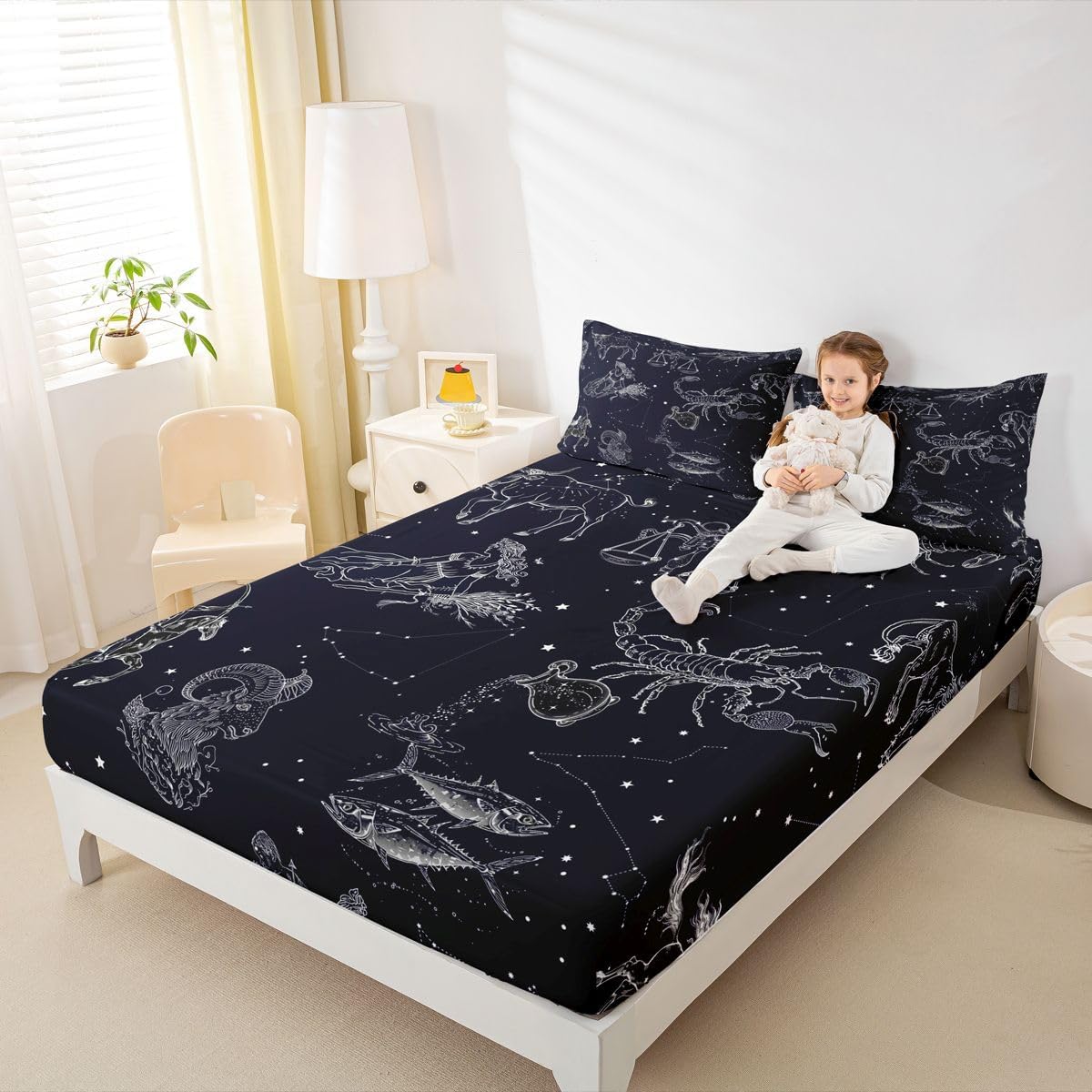 Erosebridal Constellation Sheet Set Starry Sky Bedding Set Zodiac Signs Print Fitted Sheet Navy Blue Room Decorative Bed Cover, Lightweight 1 Fitted Sheet with 2 Pillow Shams Queen Size