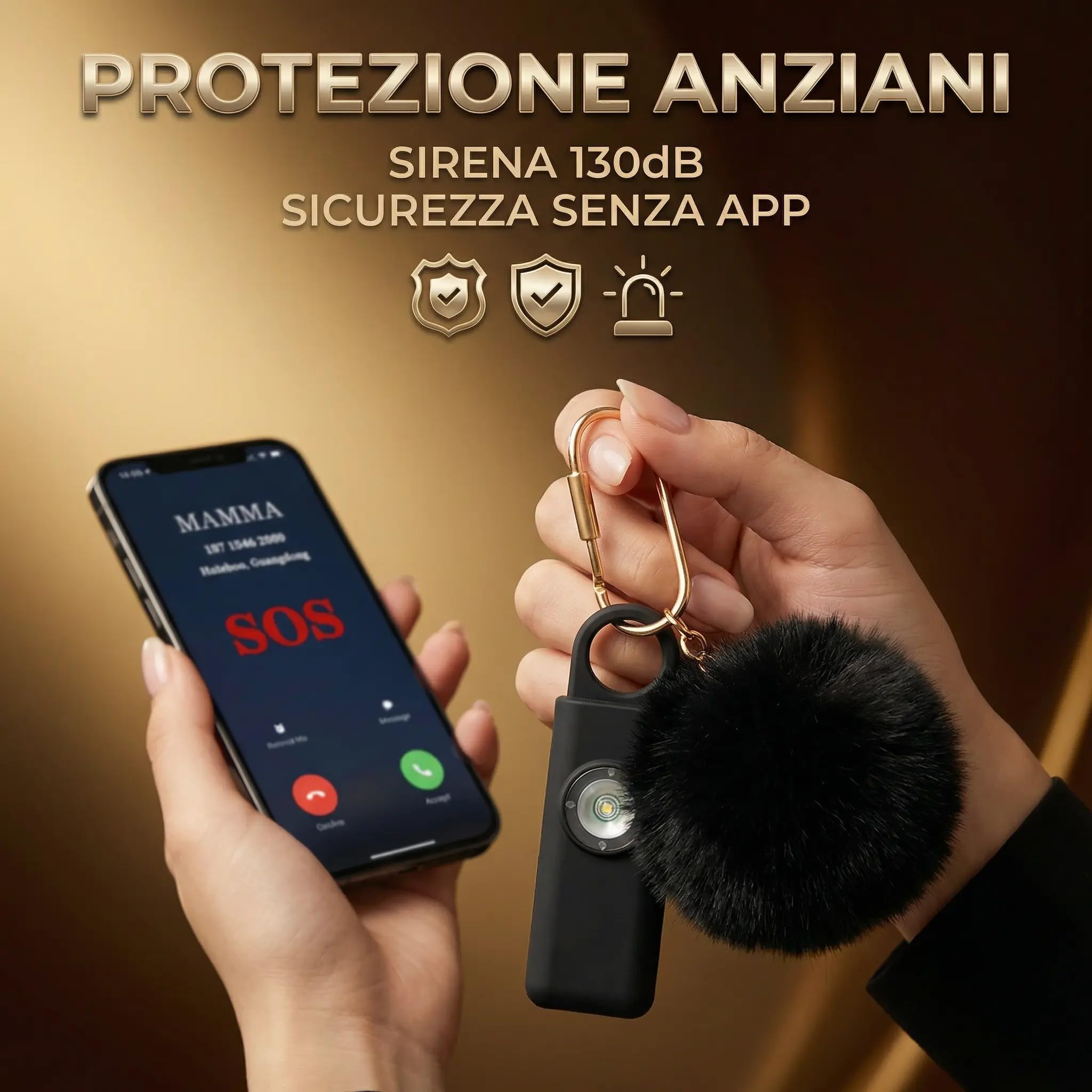 Portachiavi SOS Allarme Antipanico, Dispositivo Antiaggressione Chiamata Automatica, Invio Istantaneo Posizione GPS, Sirena 130dB, Difesa Personale e Autodifesa per Donne, Bambini e Anziani (Rosa)