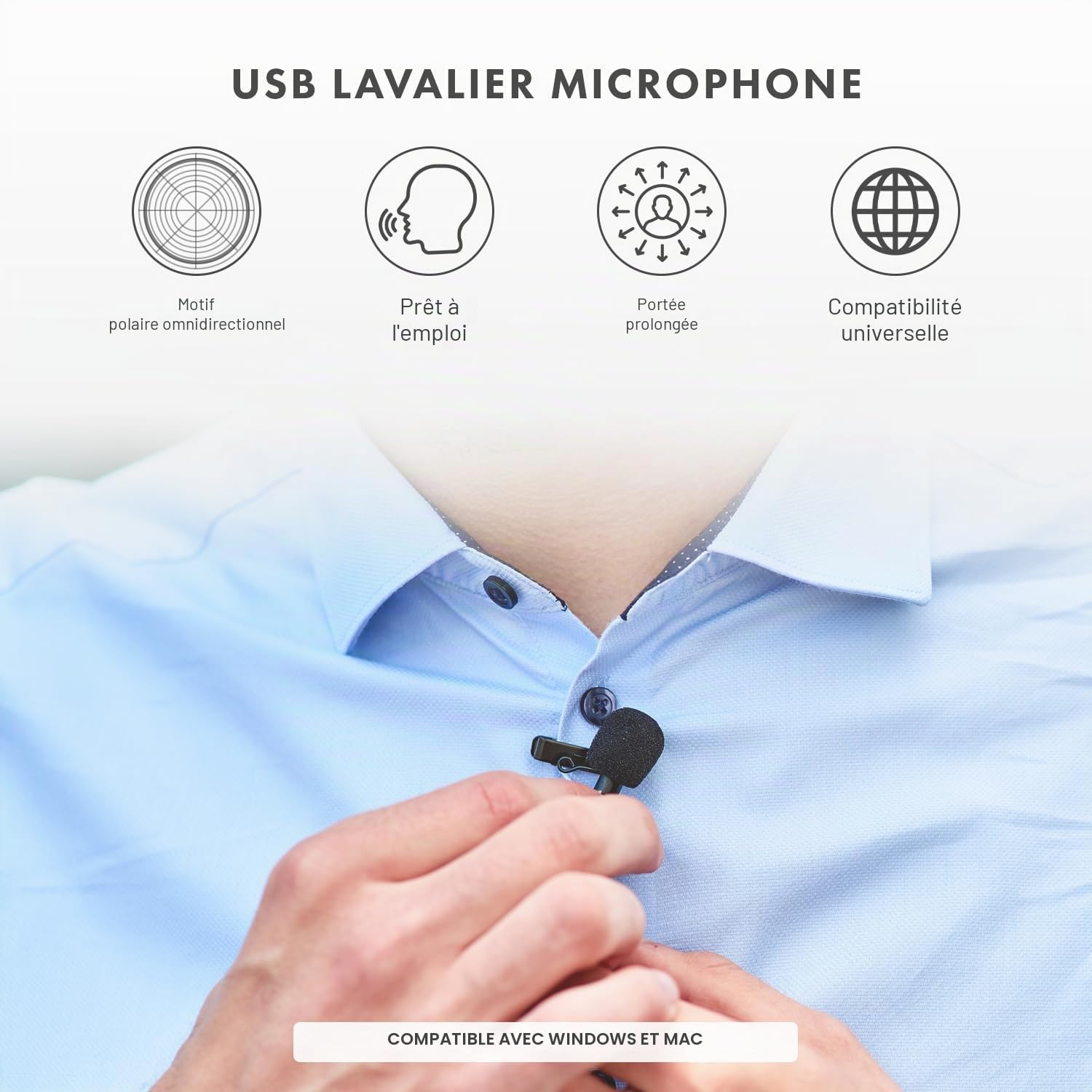 Microphone Universel Lavalier USB Movo pour Ordinateur avec Adaptateur USB Compatible avec Les PC et Les Mac, Smartphones, appareils Photo, podcasting, Microphone Portable (Cable de 6 mètres)