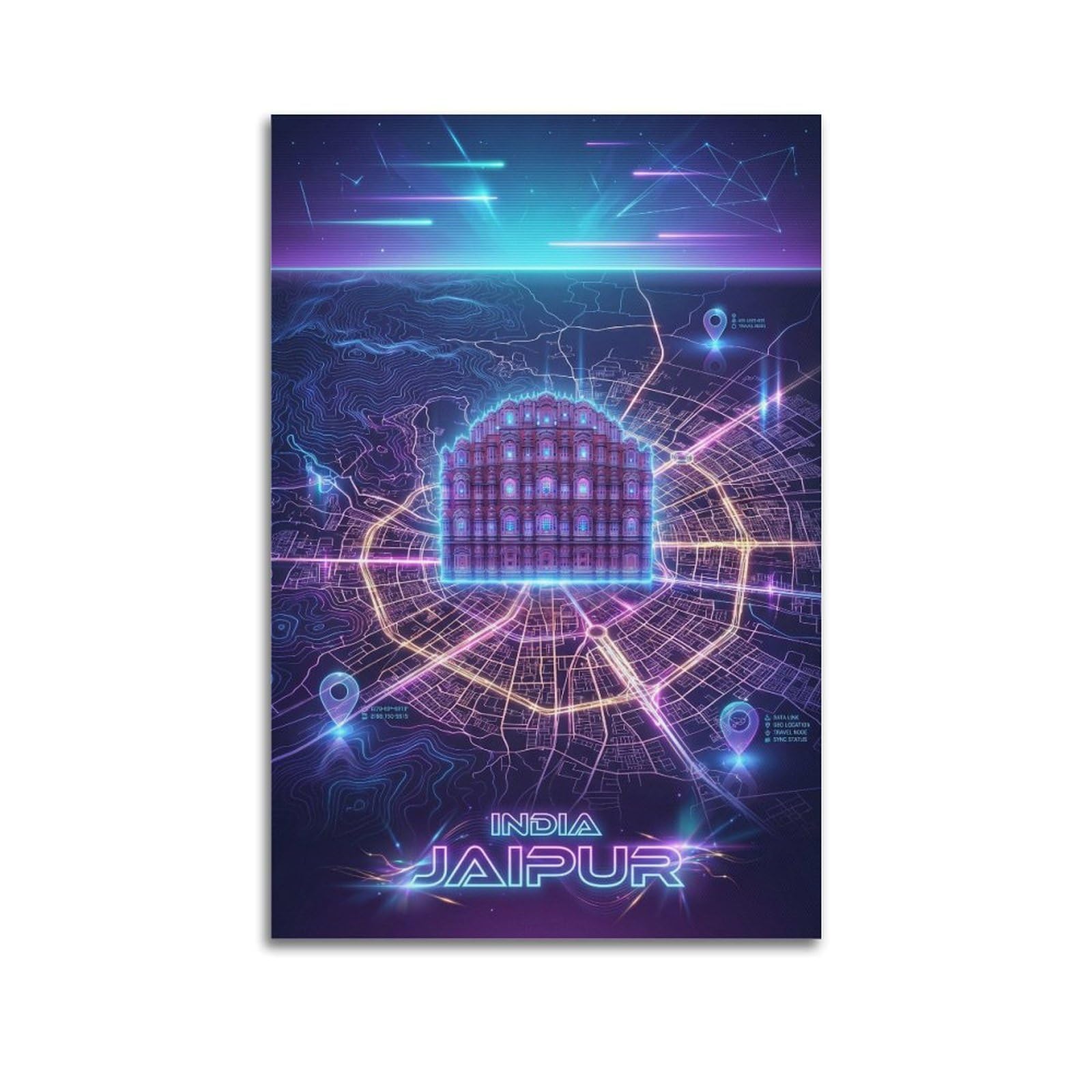 XKUGA Neon City Map Poster India Jaipur Hawa Mahal Modern Decorative Canvas Prints - Ideal Wall Art for Family, Man Cave, Game Room, Boys & Girls Bedroom 24x36inch(60x90cm)