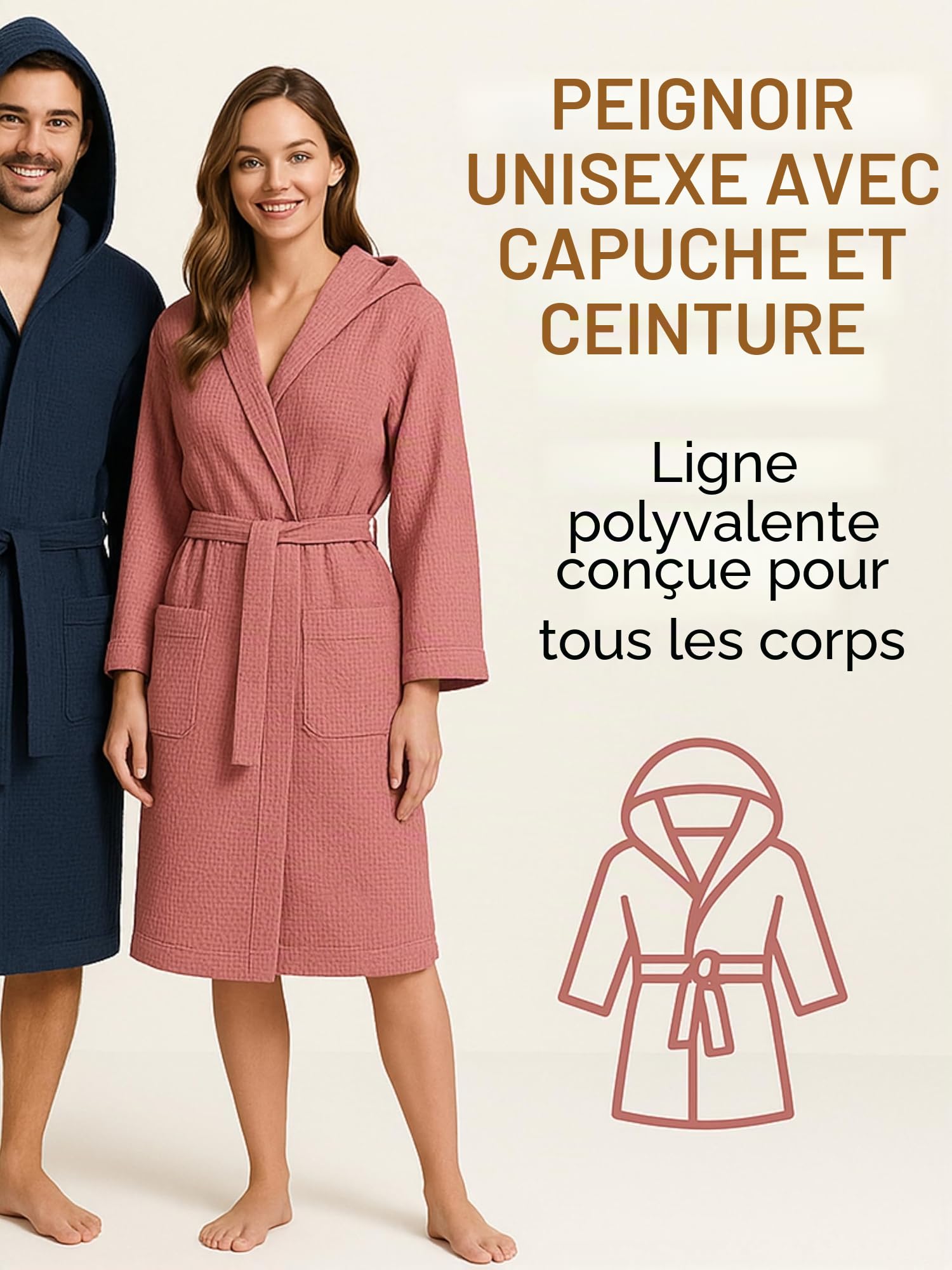 Peignoir nid d'abeille pour femme et peignoir nid d'abeille homme en coton avec capuche, poches et ceinture, léger et de voyage S-XXXL
