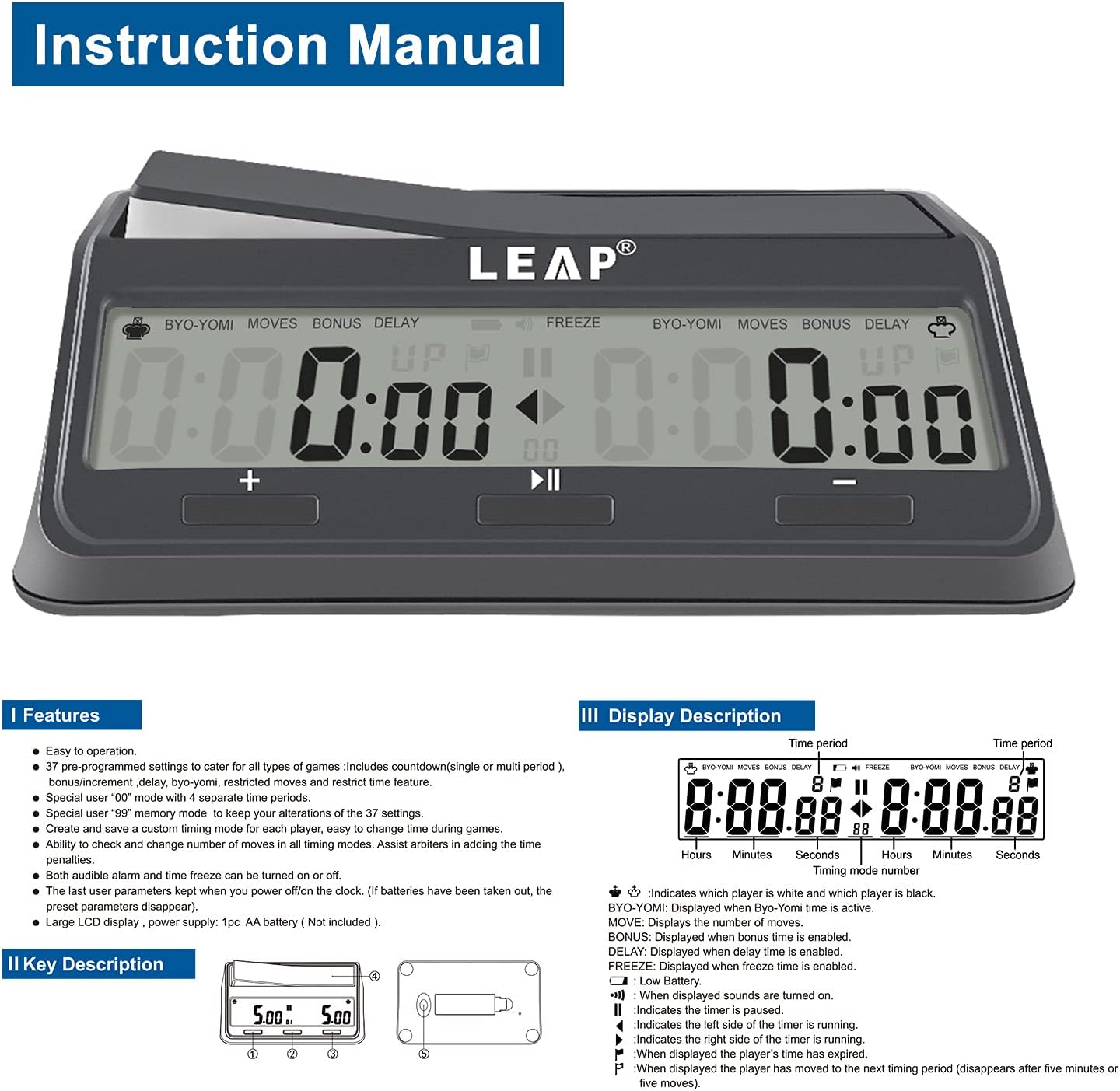 Instruction Manual page showing features and display description of LEAP Chess Clock