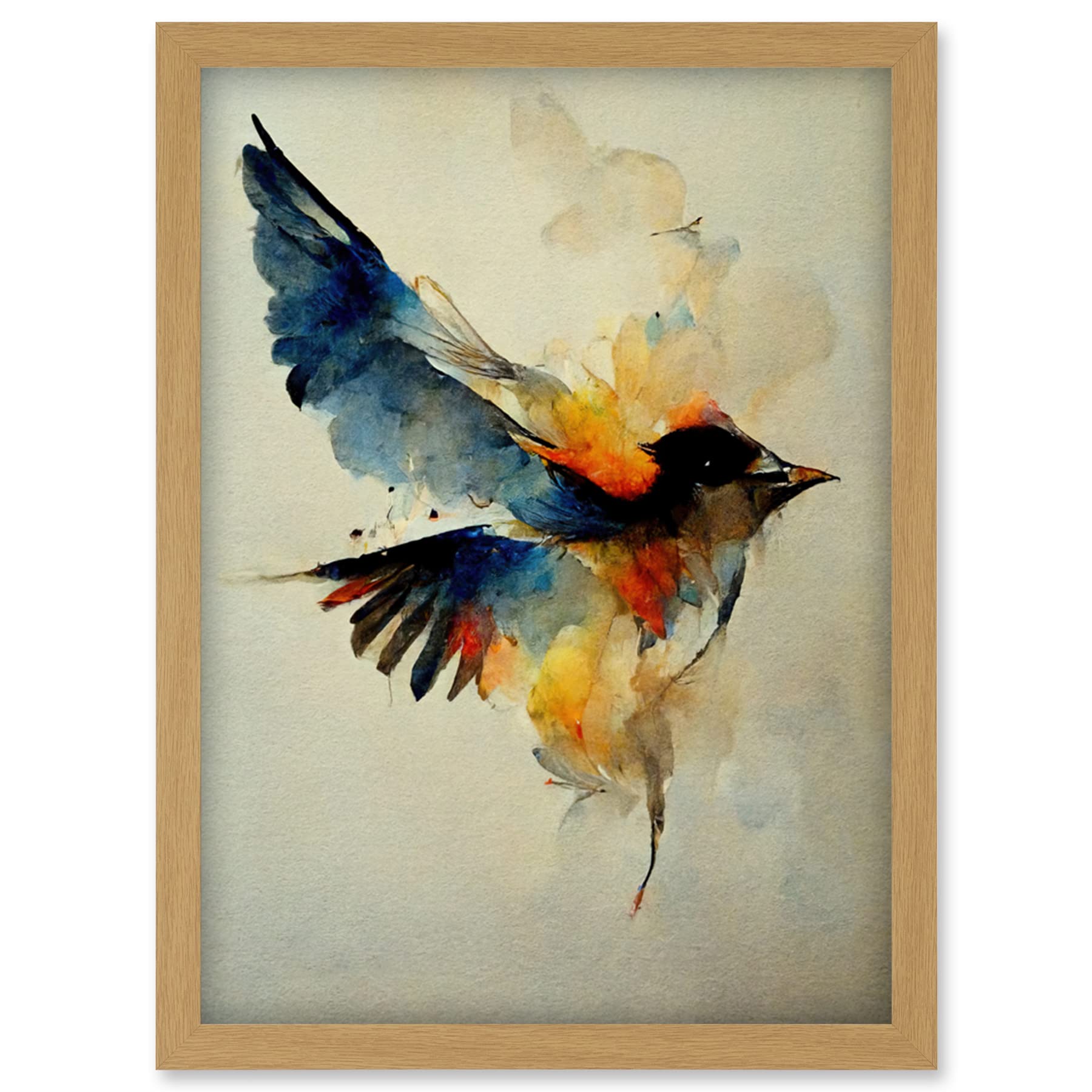 Doppelganger33 LTD Watercolour Paint Illustration Of Colourful Flying Bird Artwork Framed Wall Art Print A4