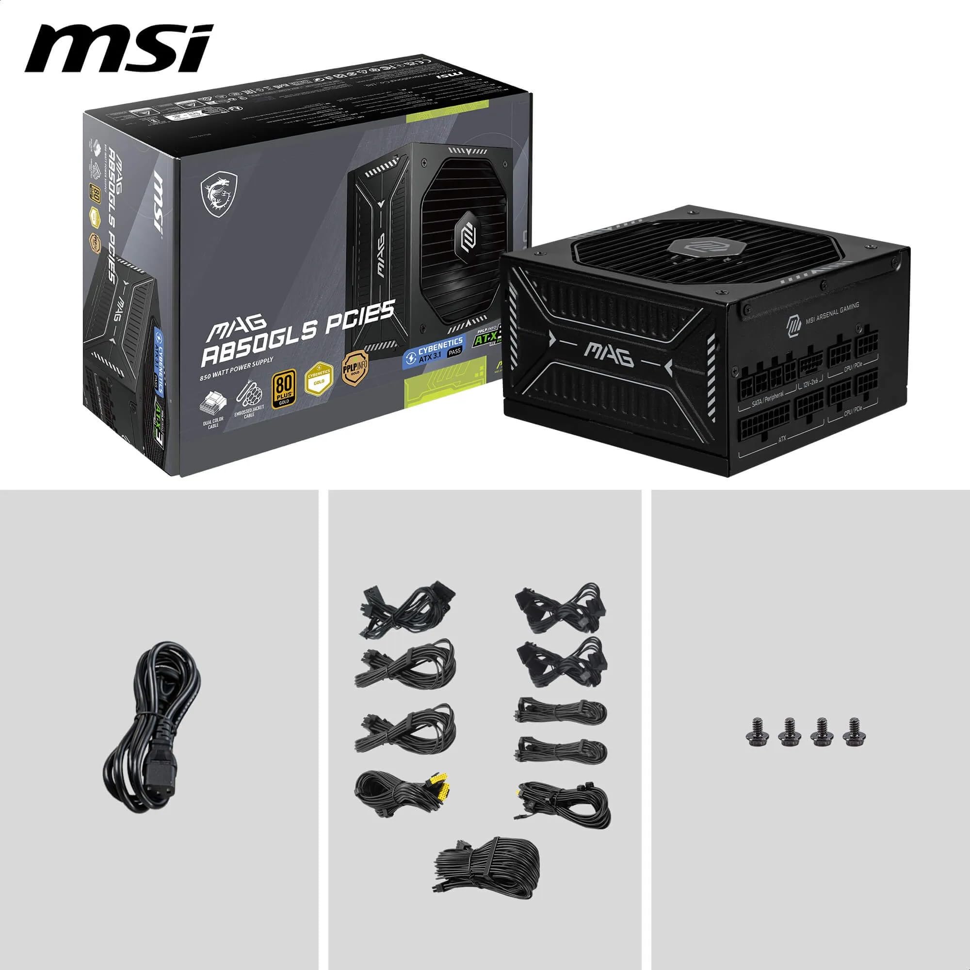 MSI MAG A850GLS PCIE5 Alimentation PC 850W ATX 80 Plus Gold ATX 3.1 Compatible PCIe 5.1 Câbles gaufrés Connecteur natif 12V-2x6 Bicolore