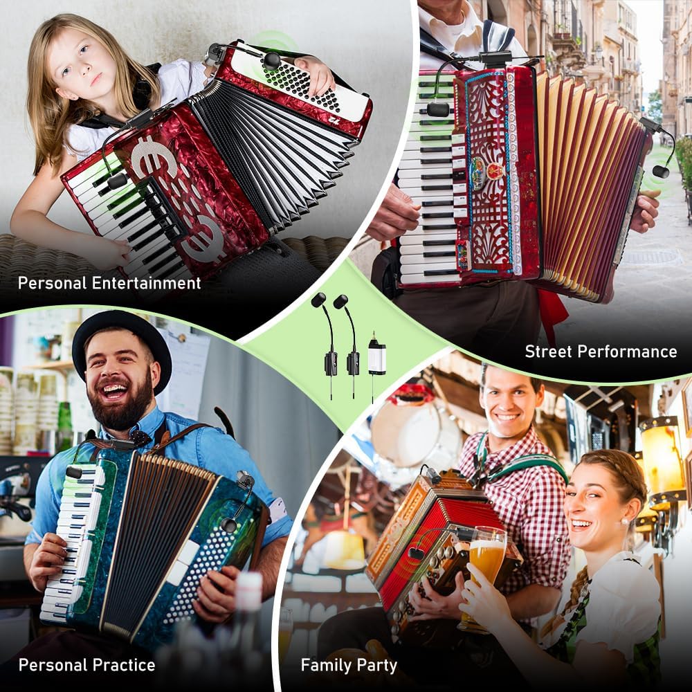 Dual UHF Accordion Wireless Microphone, Gooseneck Instrument Pick Up Mic with 2 Transmitters and 1 Receiver for Accordion, PA Systems, Audio Mixers, Speakers, Q2/at-5