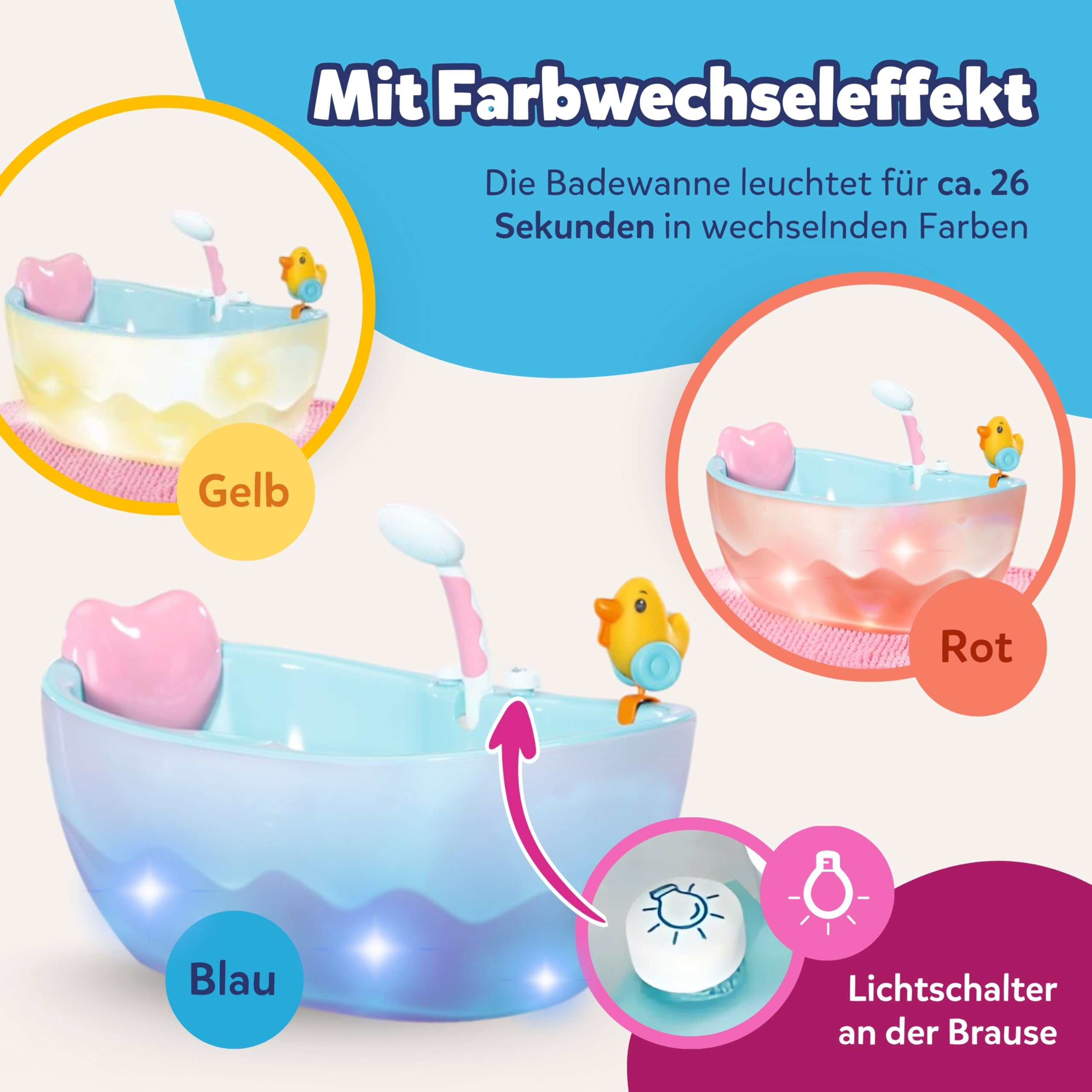 BABY born Badewanne mit Farbwechsel - Dusch-& Soundfunktion - Hochwertiges Zubehör für Puppen der Größe 36 & 43 cm - Funktioniert auch mit echtem Wasser