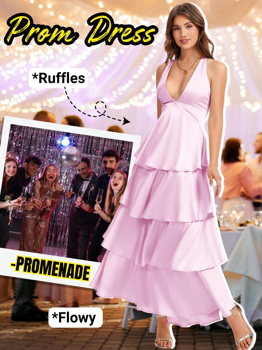 Ruffle Tiered Maxi Dress,Deep V Backless Satin Formal Dresses Women,Homecoming Cocktail Wedding Guest Outfits - Image 5