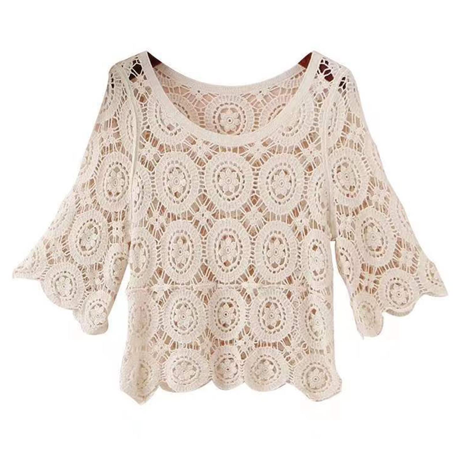 T-shirt d'été à manches 3/4 pour femme - Style bohème hippie - En tricot - Motif floral