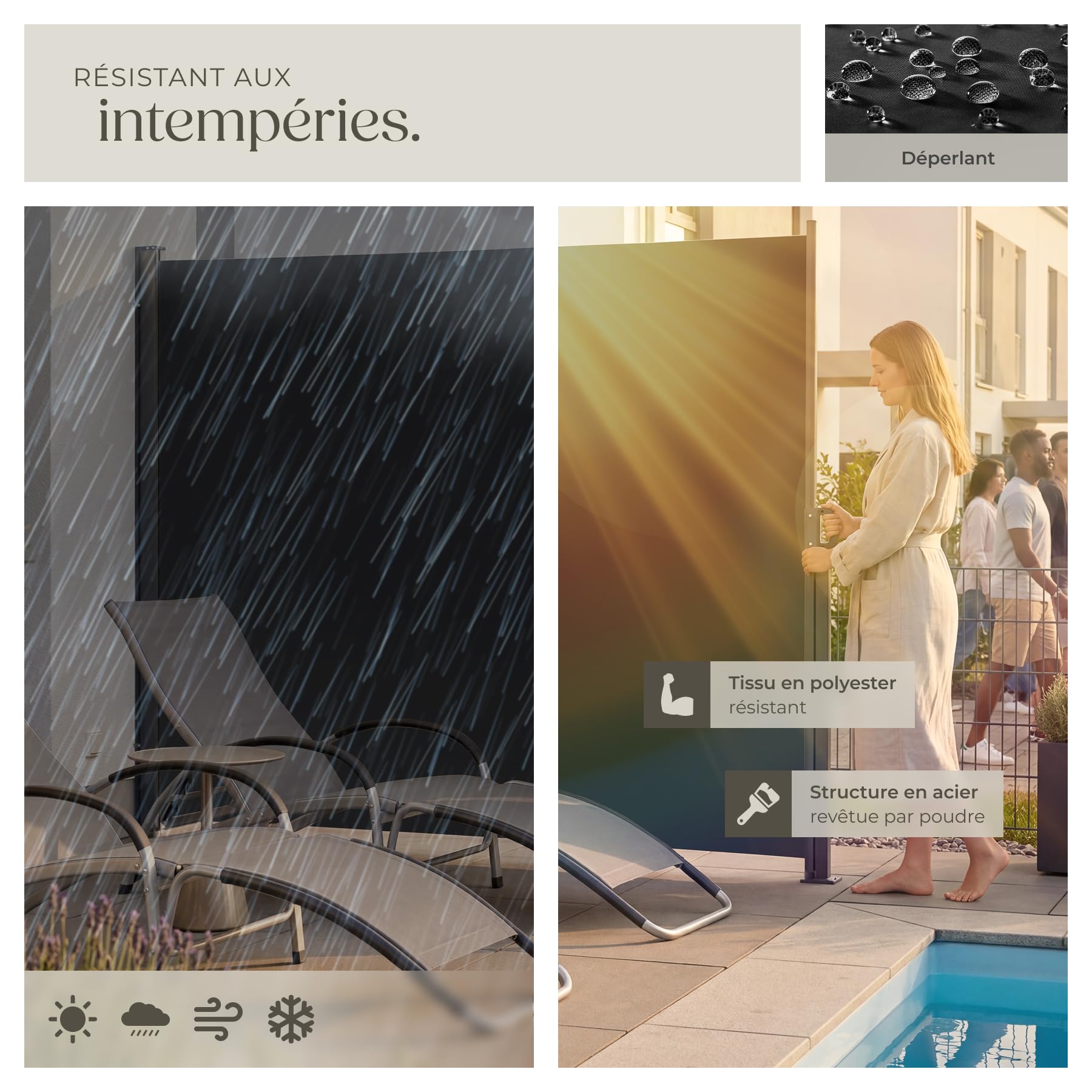 tectake® Store latéral 200 x 300 cm, Résistant aux intempéries, Protection Soleil et Vent, Brise Vue Opaque, Tissu en Polyester Enduit, Auvent latéral Extensible, Mécanisme d'enroulement - Noir