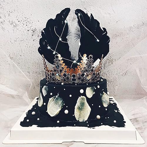 Decoración de plumas para pastel con luz LED para aniversario, fiesta de cumpleaños, boda, baby shower, fiesta de cumpleaños (ala angular, negro)