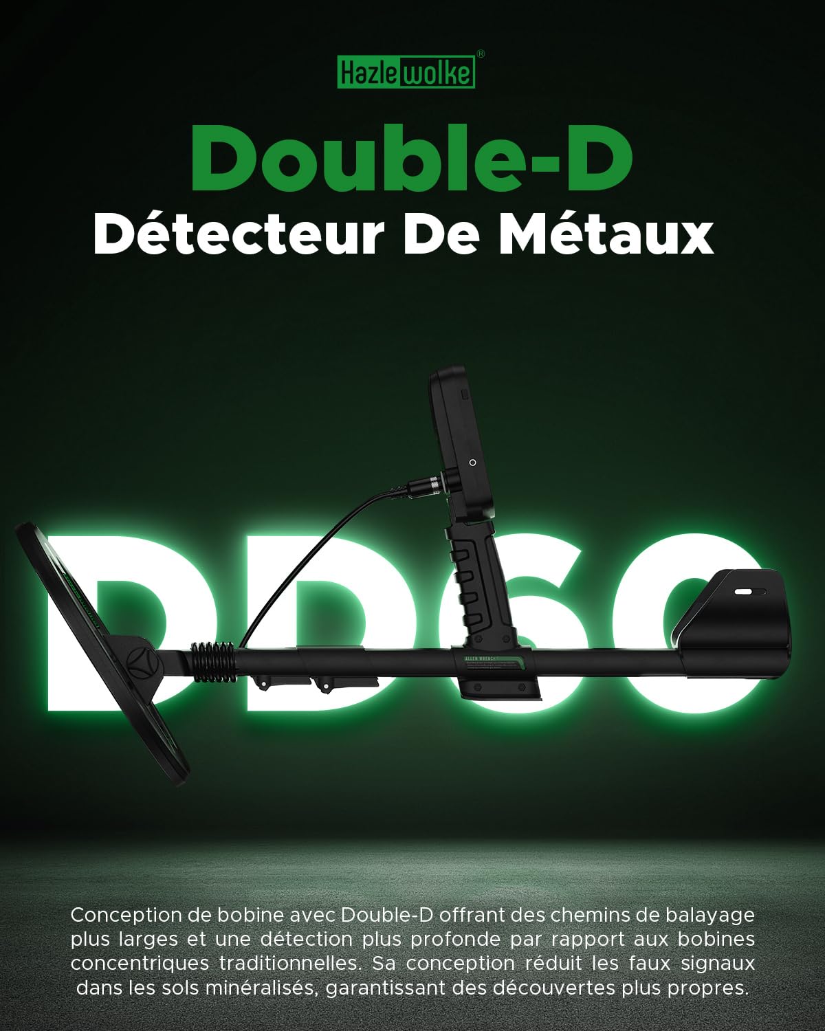 Hazlewolke Detecteur de Metaux Adultes, 11'' Bobine Double-D Étanche, 6 Modes avec Pinpoint, Profondeur de 12", Rechargeable Professionnel pour Or, 7 Niveaux Sensibilité et 3 Tons
