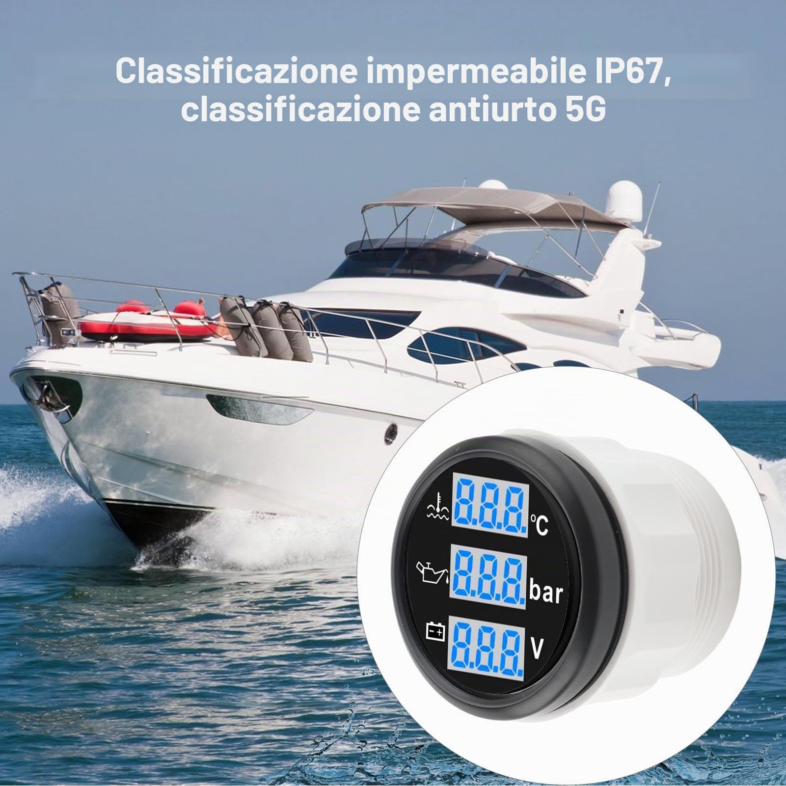 Cancellatura digitale cheotime, 52mm 3 in 1 calibro barca con temperatura dell'acqua, pressione dell'olio e voltmetro, IP67 Triple metro per auto, camion, motociclette (Black Dial Black Cover)