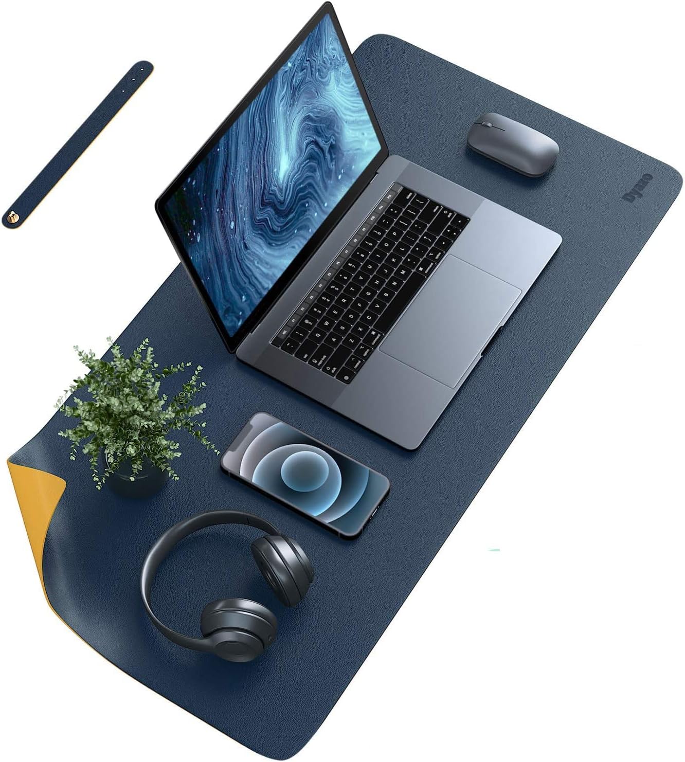 Dyazo Vegan PU Leather Mouse Pad, Extension Desk Mat for Home, Office, Gaming, Reversible Anti-Slip, Design Waterproof Desk Spread (35" x 17.7", Navy Blue and Yellow Ochre)