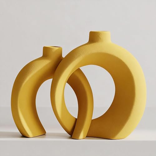 Set of 2 Yellow Ceramic Vases for Home Decor Accents - Unique Hollow Donut Artistic Design Mid-Century Modern Eclectic Style Decorative Vases for Shelf, Mantel, Entryway Table Decor (Matte Yellow)