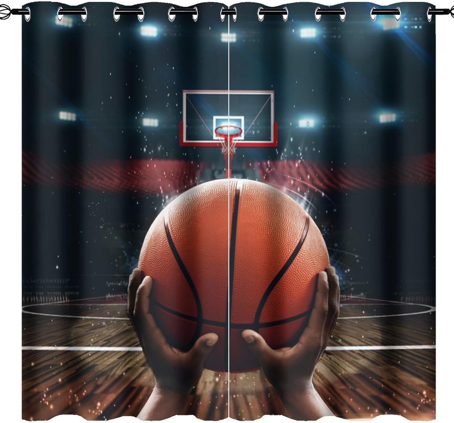 Brebasf Cool Basketball Sports Perforated Window Treatments,Sports Court Wooden Floor Basketball Shooting Sports Curtain Suitable for Bedroom,Living Room,Kitchen-2 Panels 84" L x 42" W