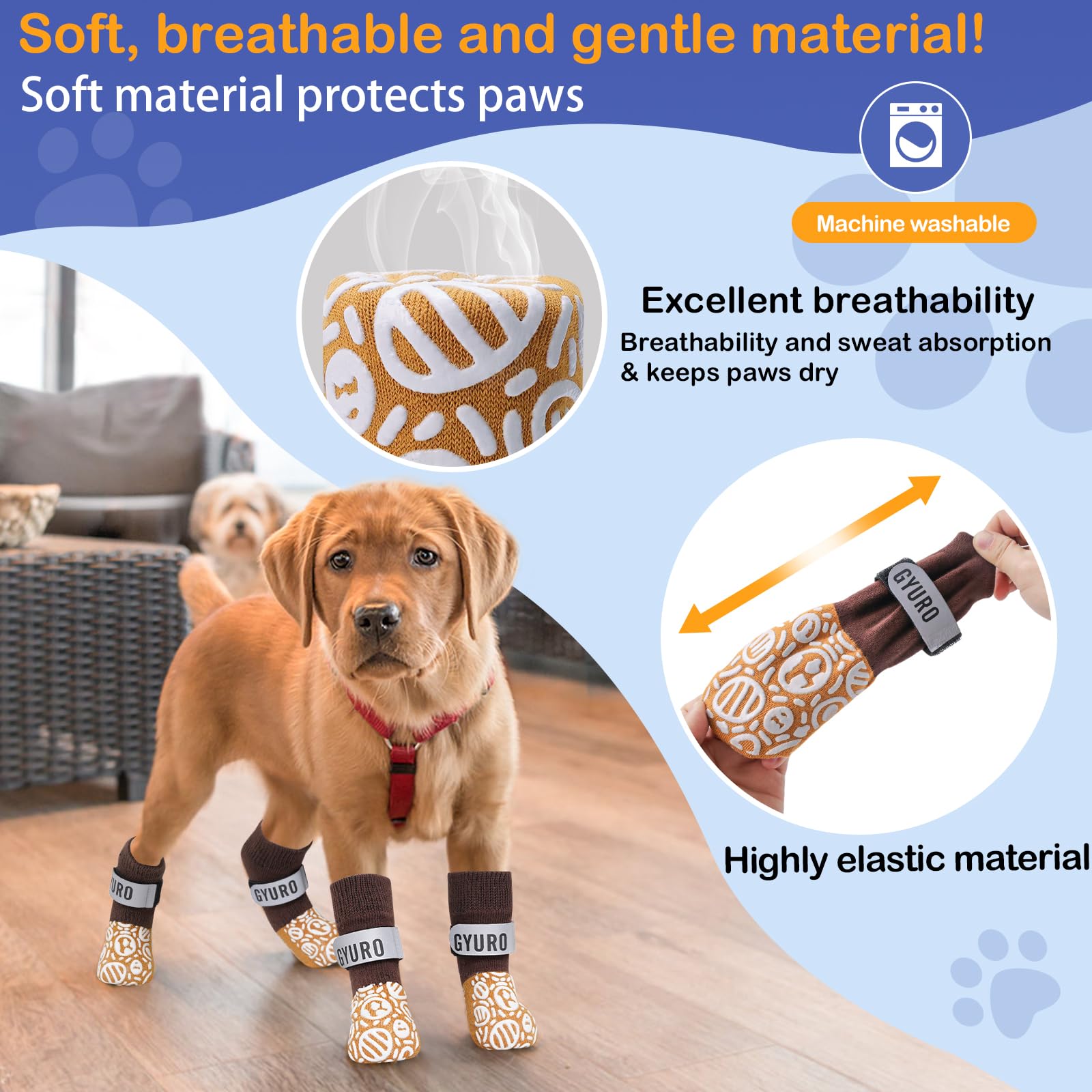 GYURO 2Pairs Anti Slip Dog socks paws stop licking,Dog Boots&Paw Protector for Hardwood Floors Anti Slip,Traction Control No Twist Grip Booties for Small Medium Large Senior Dogs (Khaki - Image 2