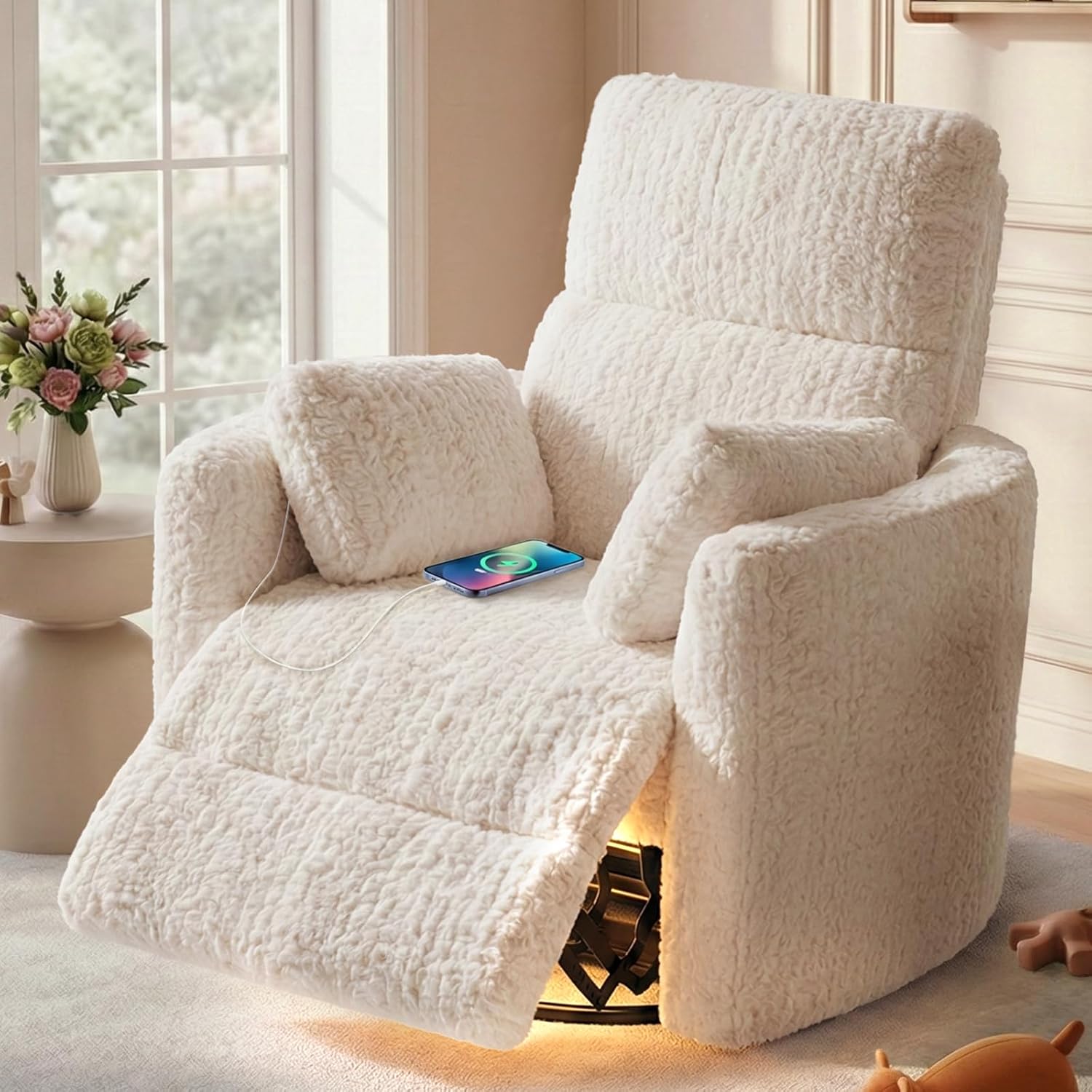 HUSFU Power Swivel Rocker Recliner Chair, Nursery Glider Rocking Chair for Adults with Nightlight and USB & Type-C Ports, Comfy Plush Recliner Chairs for Living Room, Bedroom, Cream