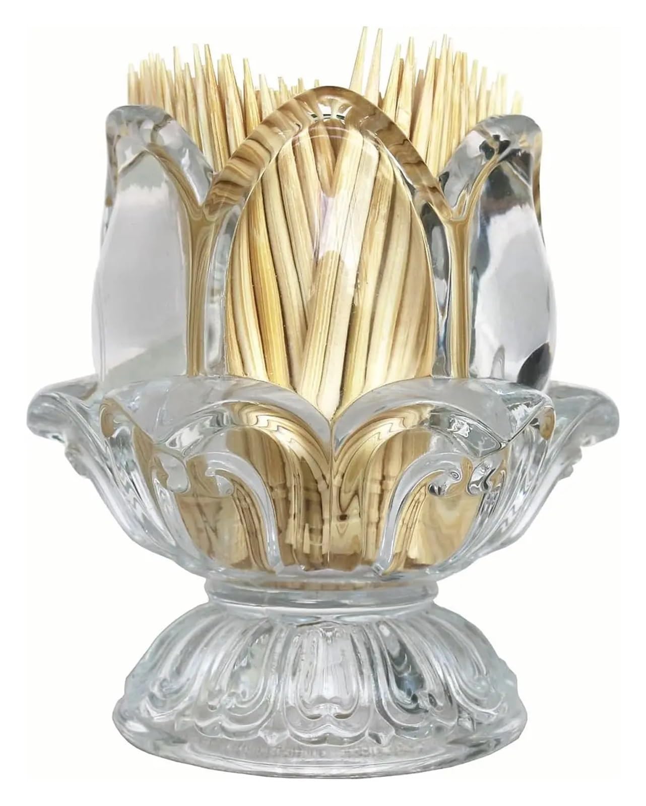Gwyzax Toothpick Holder Crystal Glass Toothpick Dispenser 2-Pack with 450 Bamboo Picks Tulip Holder