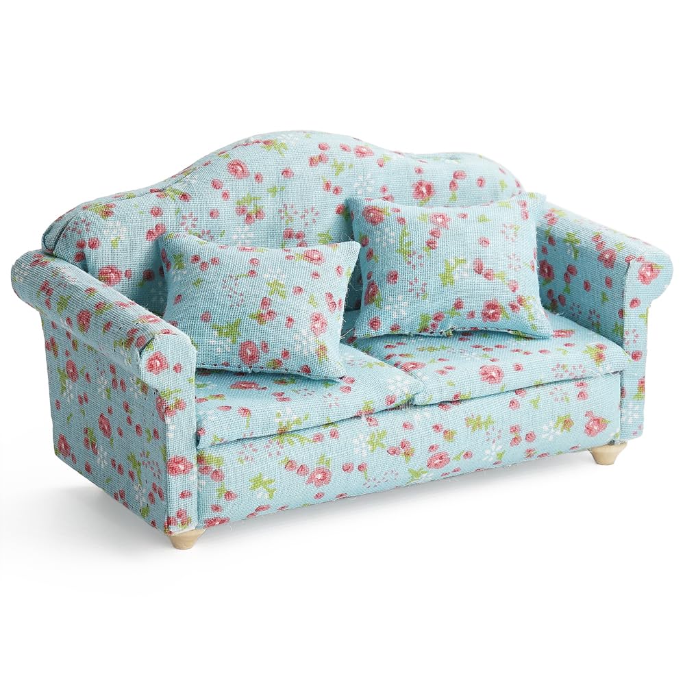 Odoria Dollhouse Couch Miniature Loveseat - 1/12 Scale Upholstered Sofa with Pillow Country Rustic for Living Room - Mini Settee Recliner Reading
