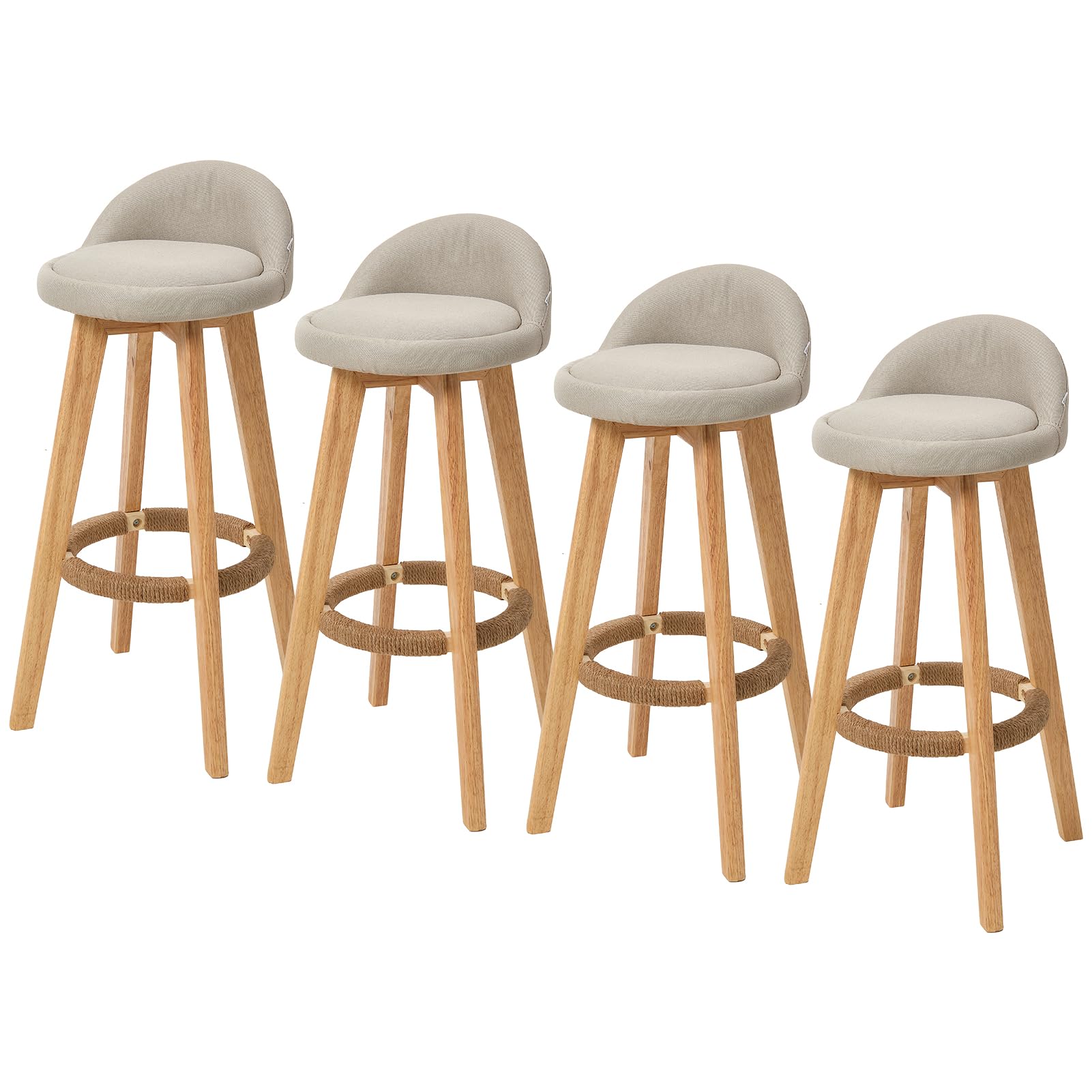 Warmiehomy Bar Stools Set of 4 with Back & Footrest, 360° Swivel Counter Height Stools, Rubber Wood Legs & Linen Fabric Seat Kitchen Island, Breakfast Bar, Home Office,Dining Room White