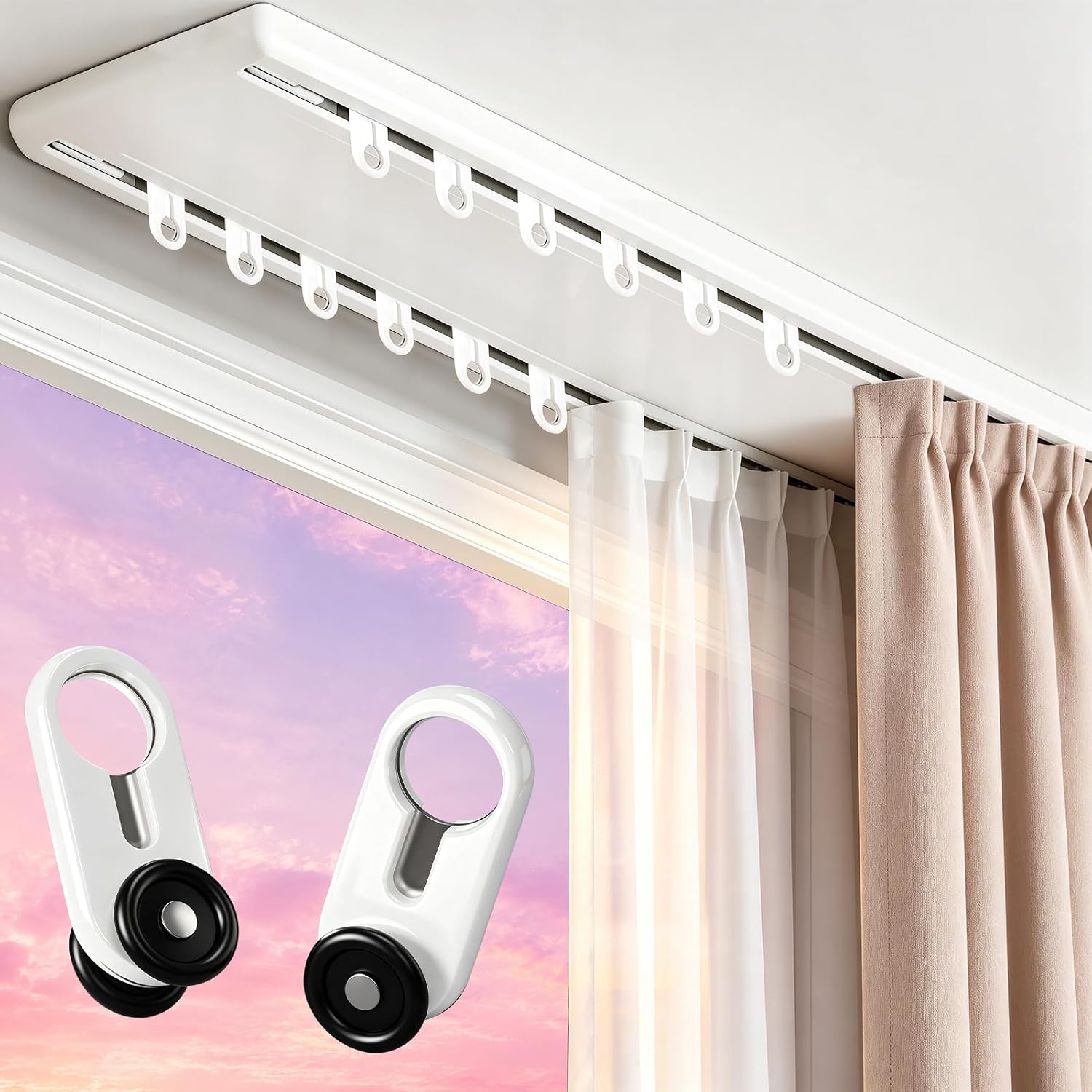 Double Curtain Track Ceiling Mounted,8FT Silent Heavy Duty Aluminum Double Row Curtain Rail System, Sliding Ceiling Curtain Track for Bedroom Living Room Hotel Room Divider