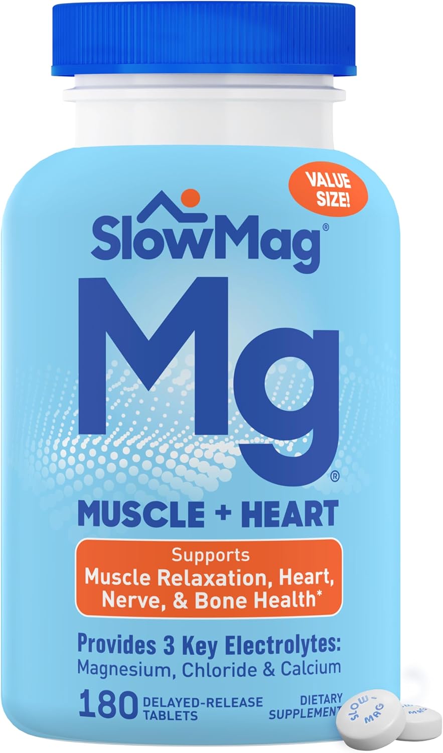 SlowMag Muscle + Heart Magnesium Chloride with Calcium Supplement to Support Muscle Relaxation, Occasional Muscle Cramping & Heart Health, High Absorption, 180 Count