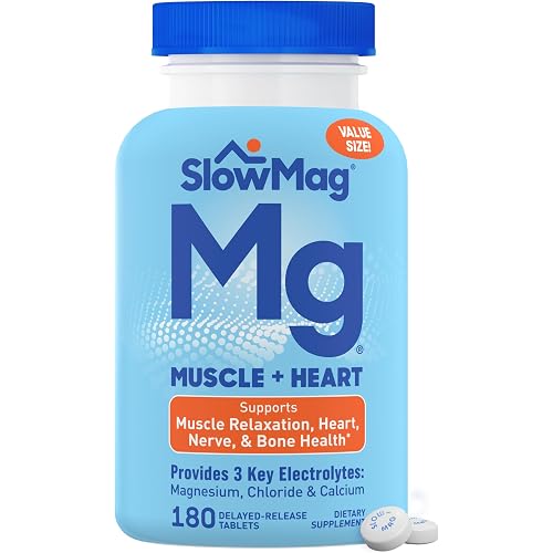 SlowMag Muscle & Heart Magnesium Chloride Supplement with Calcium, 180 Count, Supports Muscle Relaxation, Heart, Nerve & Bone Health, High Absorption