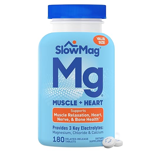 SlowMag Muscle & Heart Magnesium Chloride Supplement with Calcium, 180 Count, Supports Muscle Relaxation, Heart, Nerve & Bone Health, High Absorption