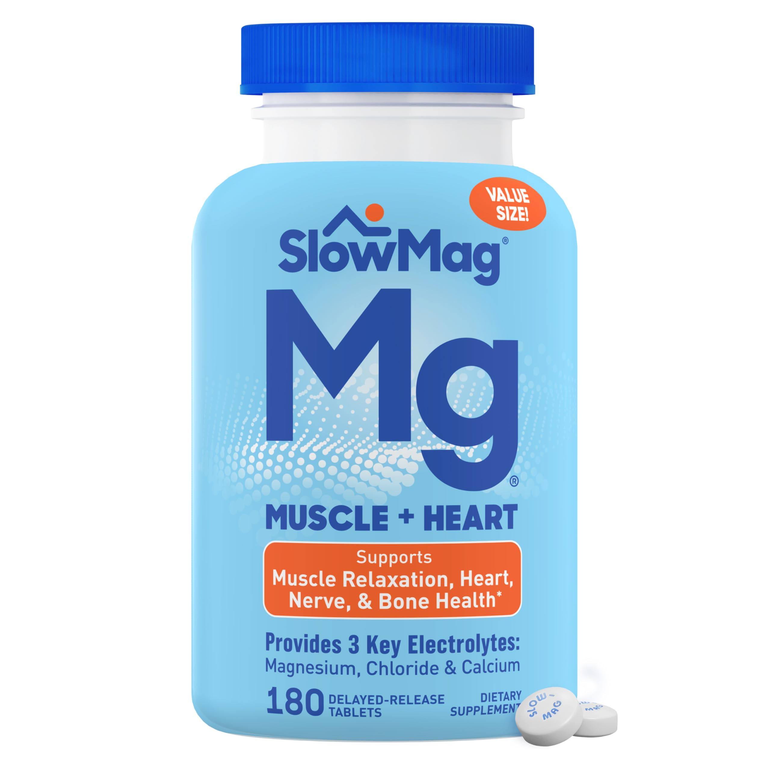 SlowMag Muscle + Heart Magnesium Chloride with Calcium Supplement to Support Muscle Relaxation, Occasional Muscle Cramping & Heart Health, High Absorption, 180 Count