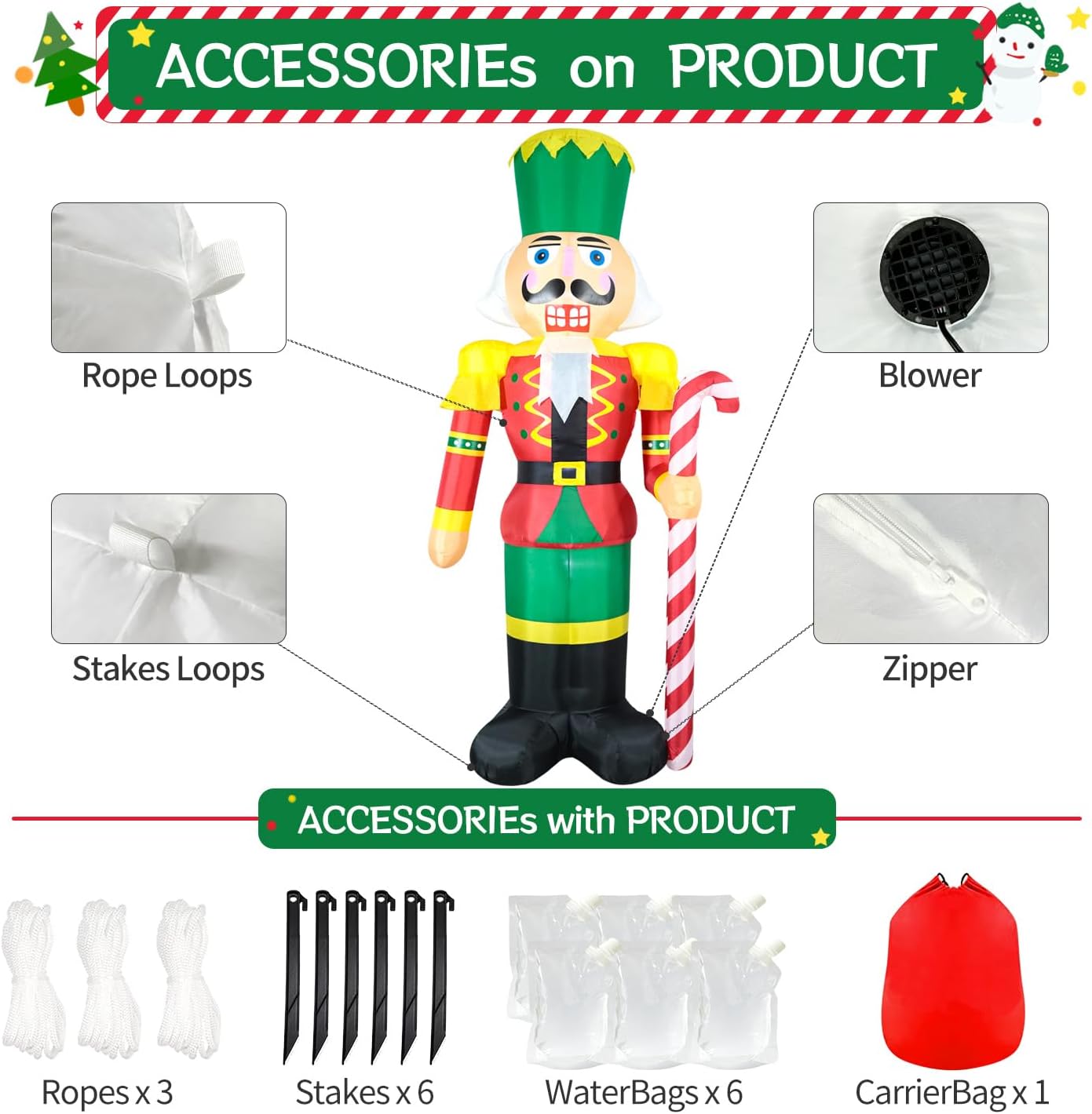 DomKom 12FT Giant Christmas Inflatable Nutcracker Soldier with Candy Cane - Enhanced Stability & LED Lights - Waterproof Outdoor/Indoor Christmas Blow Up Yard Decoration